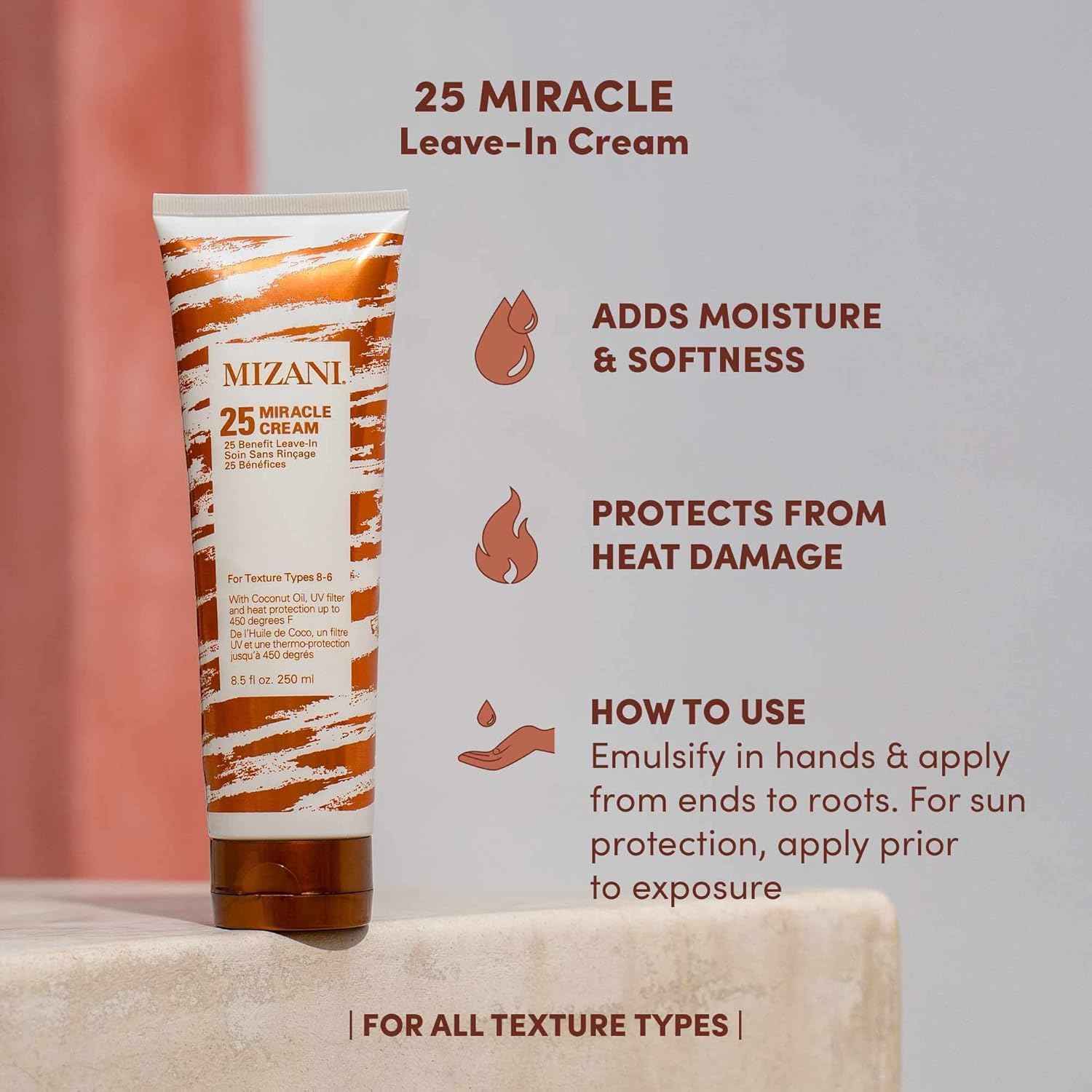 Mizani 25 Miracle Leave-In Curl Cream - Anti-Frizz Heat Protectant, Adds Lightweight Moisture & Softness, With Coconut Oil, For Natural & Curly Hair