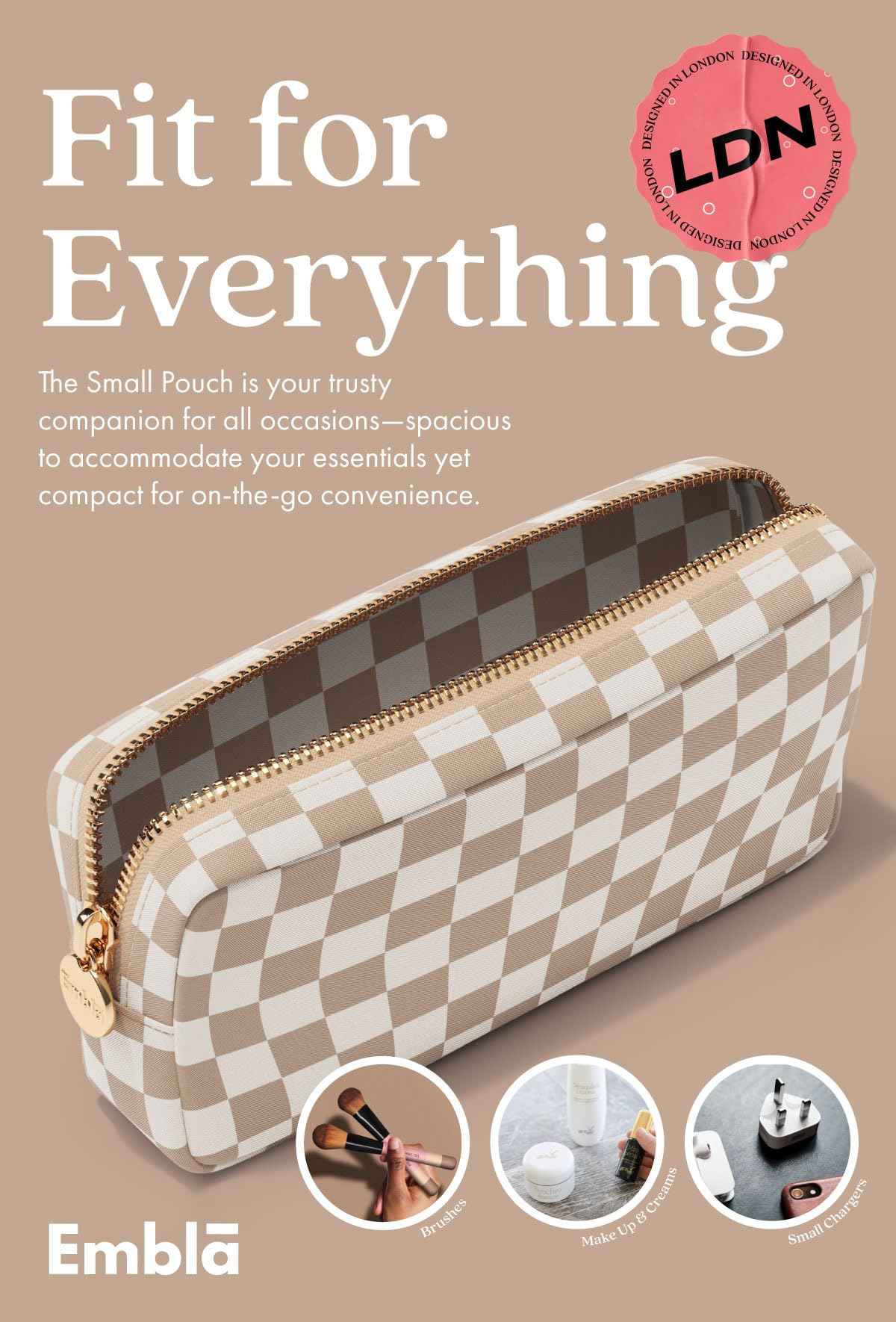 Embla Makeup Bag Travel Cosmetics Pouch and Toiletry Bag, Nylon Zipper Pouch Purse, Cute Make Up Organizer Storage Tote for Women Girls, Travel Skincare Case, Small Makeup Case, Sand Checkered