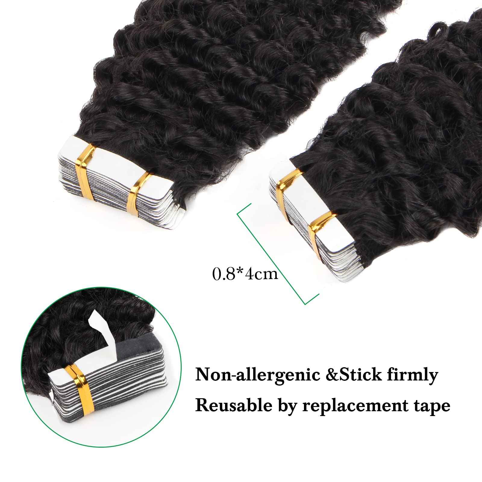 Lovrio Tape in Hair Extensions Human Hair Kinky Curly 50grams 20pcs Double Side Tape ins for Black Women Human Hair 18 inch Natural Black Soft hair Invisibe Curly Tape in Hair Extensions