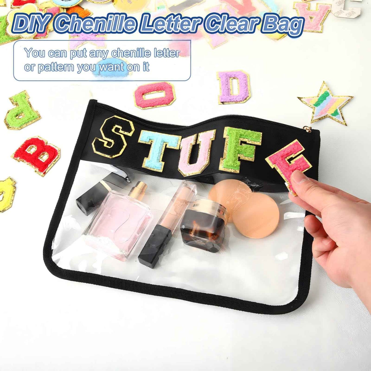 Teling 8 Pieces Clear Makeup Bags DIY Chenille Letter Pouch Clear Zipper Pouches Travel PVC Oxford Cloth Cosmetic Portable Waterproof Makeup Storage Bag Toiletry Snack Organizer for Women Girls, Black