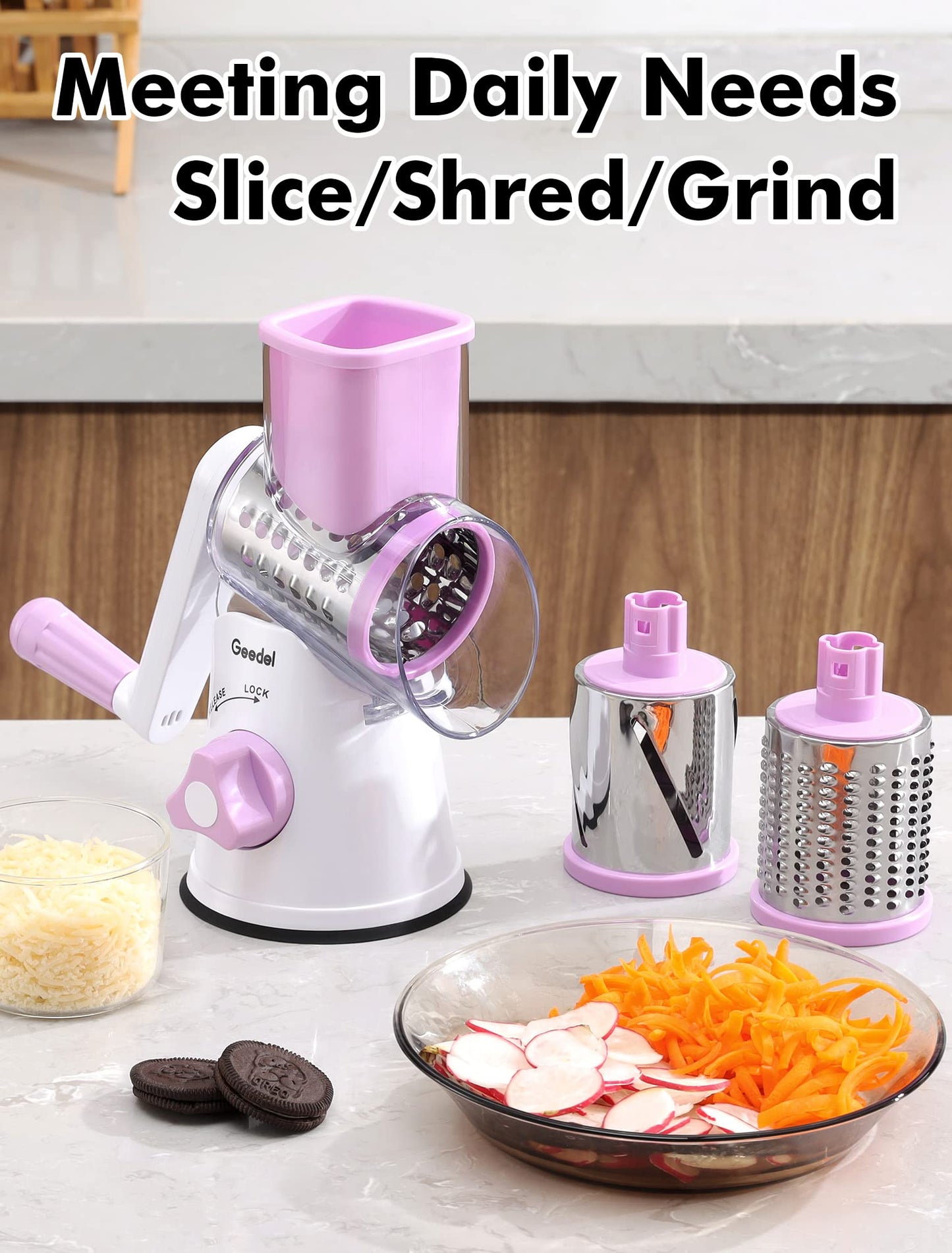 Geedel Rotary Cheese Grater, Kitchen Mandoline Vegetable Slicer with 3 Interchangeable Blades, Easy to Clean Rotary Grater Slicer for Fruit, Vegetables, Nuts