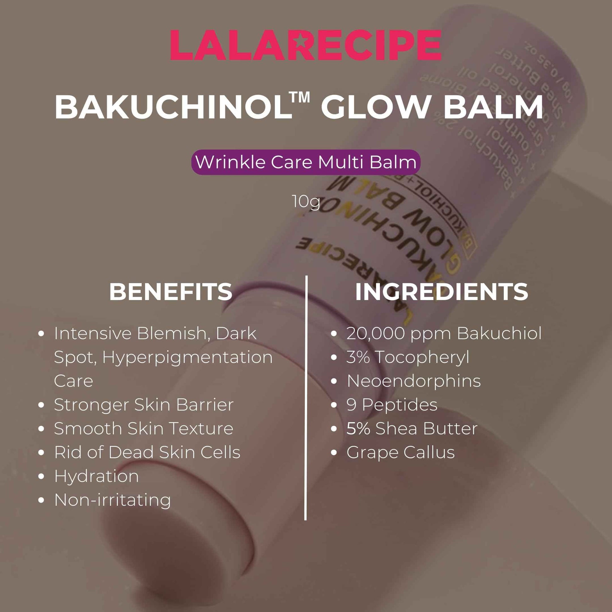 LALARECIPE Bakuchiol Glow Balm – Wrinkle Care Moisturizer Stick with Bakuchiol, Retinol Liposome & Shea Butter – Refillable Vegan Anti-Aging Korean Skincare for Radiance & Hydration (10g)