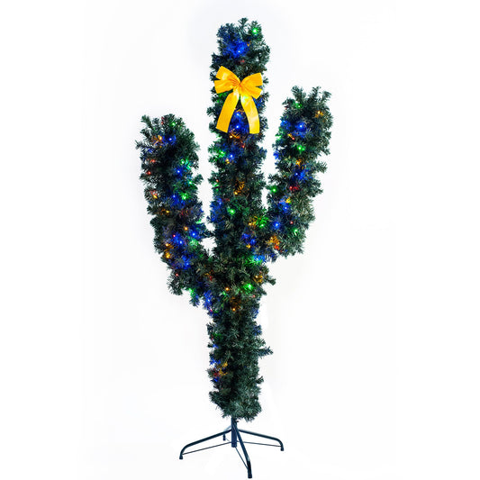 Cactus Christmas Tree, 6FT Christmas Decorations with LED Lights & Bowknot Prelit Artificial Tree, Realistic Christmas Tree for Christmas Party Holiday Gathering