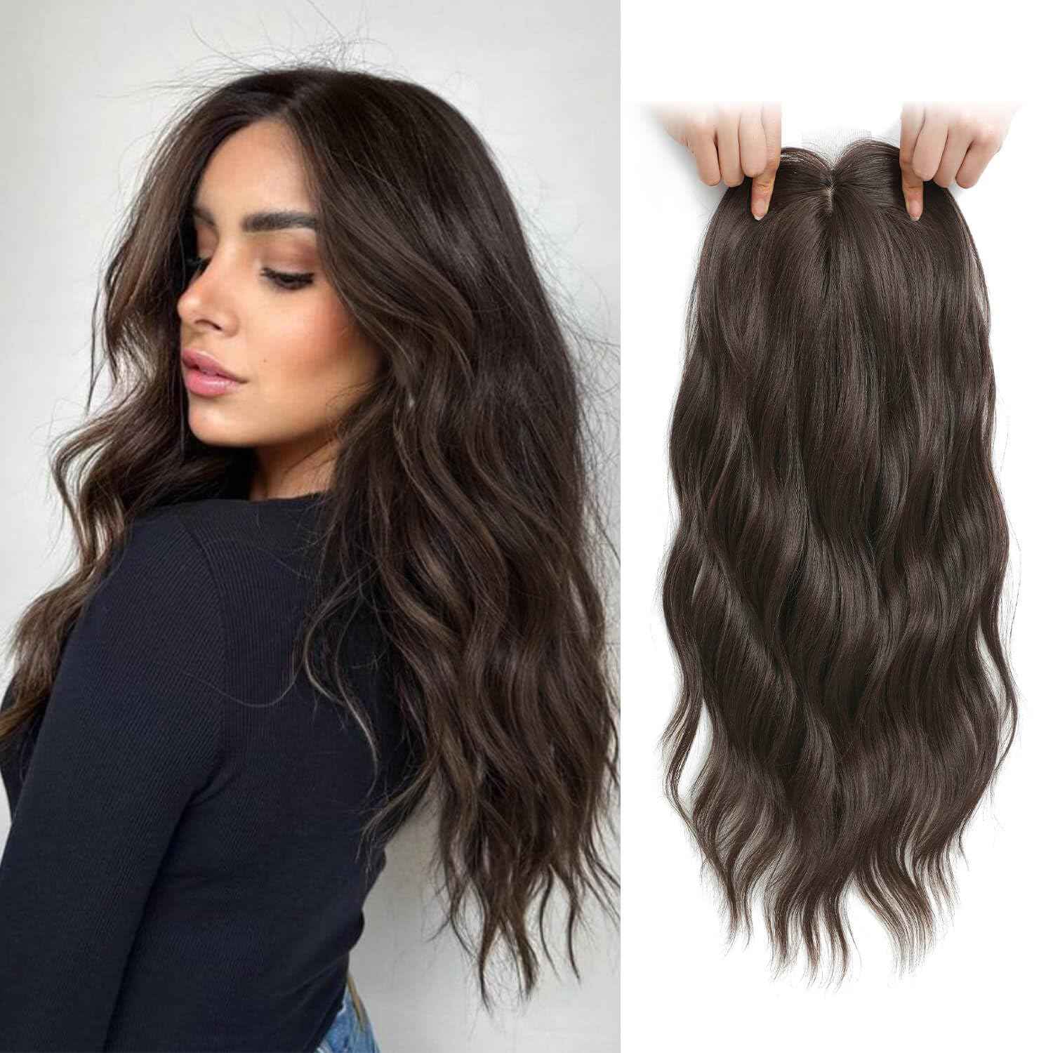 MORICHY Hair Toppers for Women Clip in Hair Topper with Bangs 20inch Coffee Brown Long Wavy Curly Synthetic HairPieces for Women