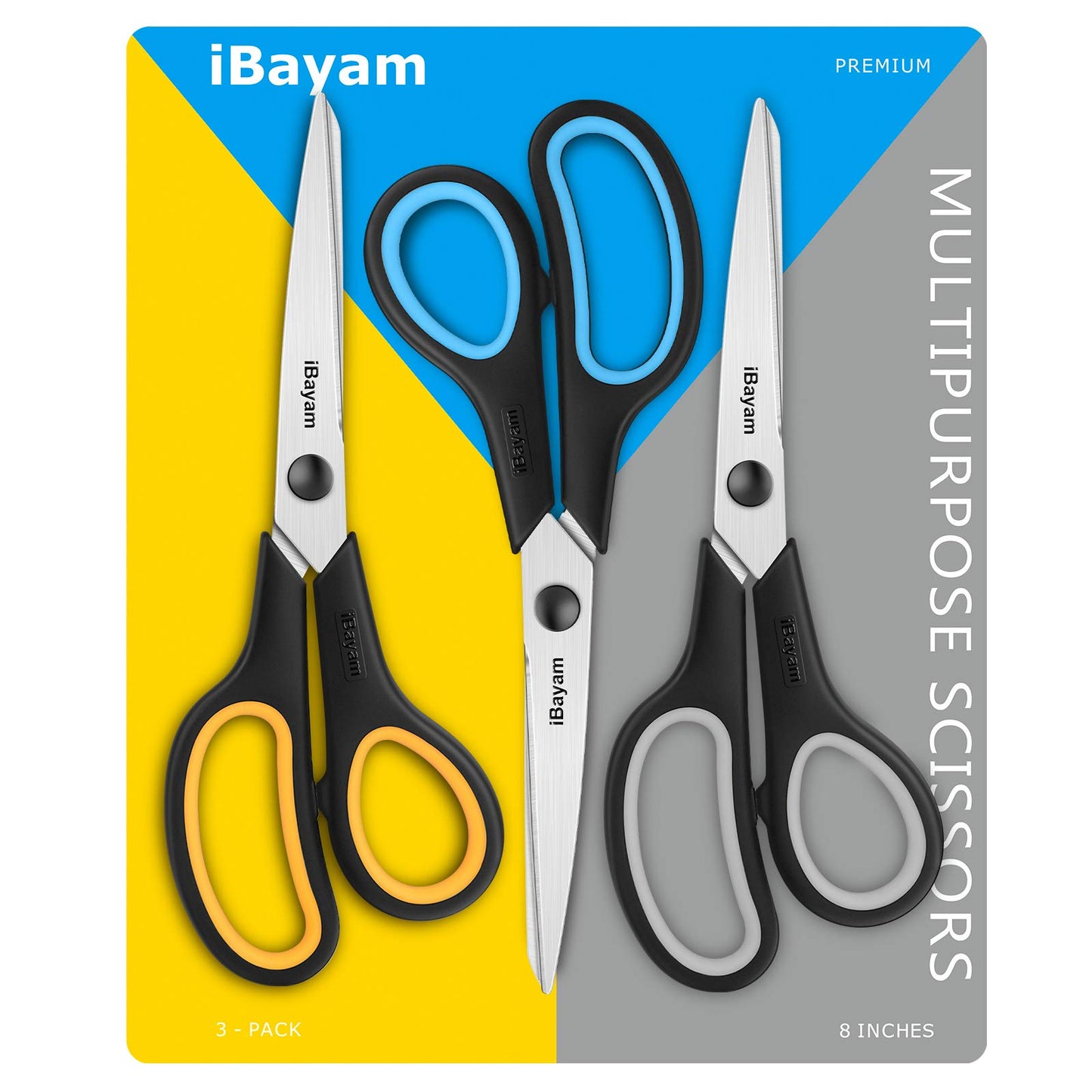 Scissors All Purpose, iBayam 8" Heavy Duty Scissors Bulk 3-Pack, 2.5mm Thickness Ultra Sharp Blade Shears with Comfort-Grip Handles for Office Home School Sewing Fabric Craft Supplies, Right/Left Hand