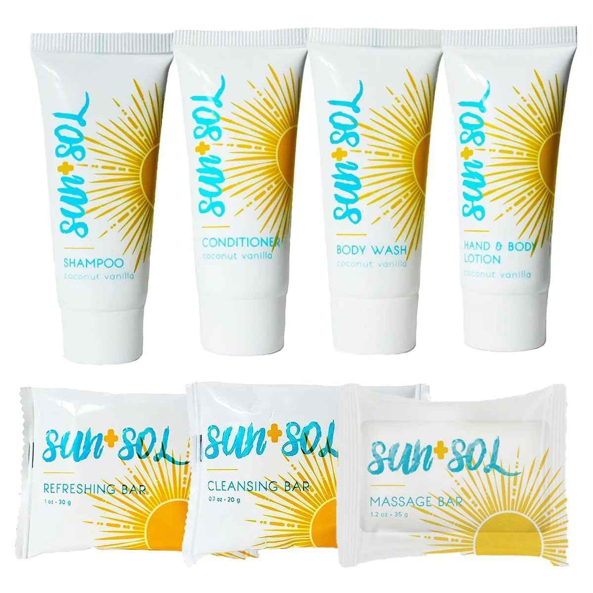 World Amenities - Sun + Sol Mini Size Hotel Toiletries Bathroom Kit | Warm Coconut & Vanilla | Shampoo, Conditioner, Body Wash, Lotion, Cleansing Bar, Refreshing Soap Bar and Moisturizing Massage Bar
