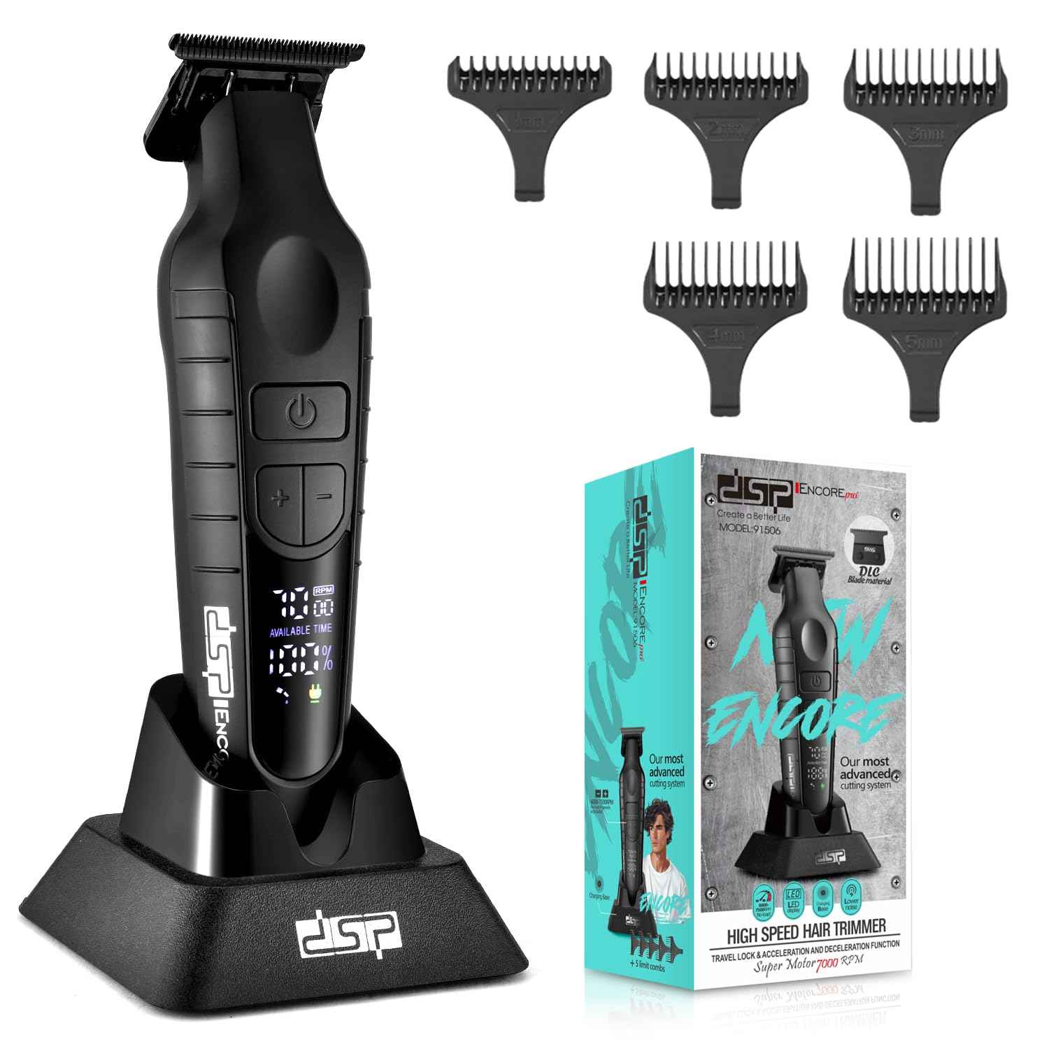 DSP Hair Trimmer for Men, Beard Trimmer, Cordless USB Rechargeable Barber Trimmer DLC, Speeds Adjustable, Travel Lock, Low Noise with Charging Base