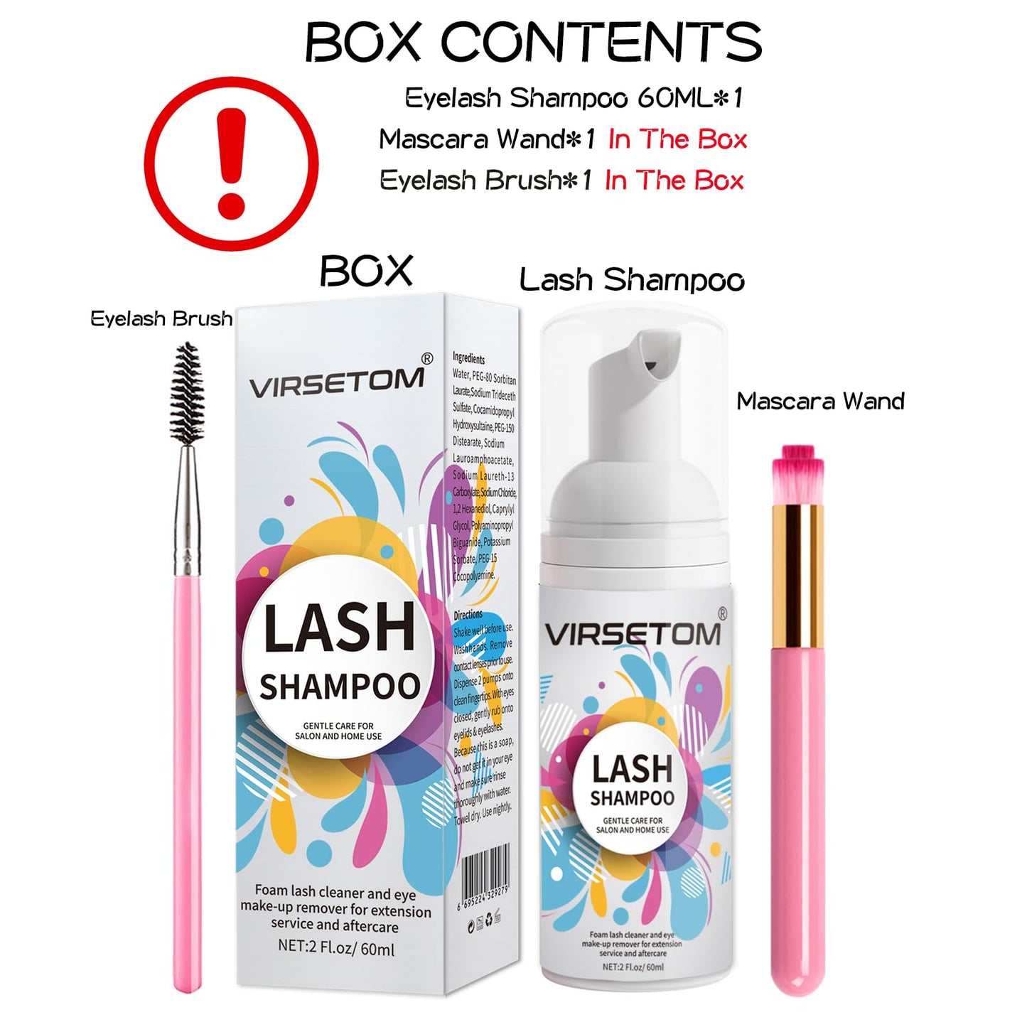 Vemofoper Lash Shampoo for Lash Extensions, Eyelash Extension Cleanser 60ml + Rinse Bottle + Brushes, Lash Bath for Eyelash Extensions, Lash Cleaner, Paraben & Sulfate Free, Salon and Home Use