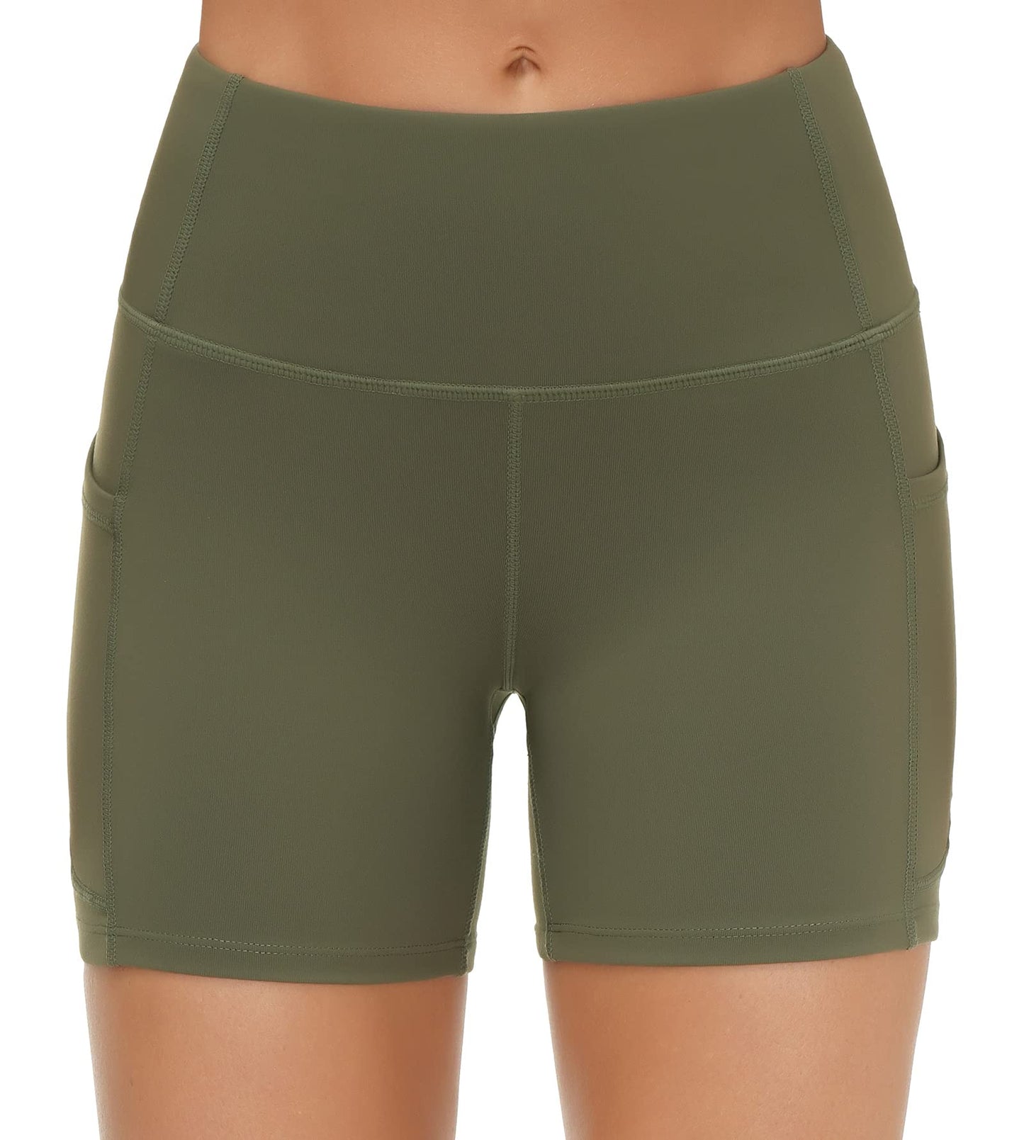 THE GYM PEOPLE High Waist Yoga Shorts for Women's Tummy Control Fitness Athletic Workout Running Shorts with Deep Pockets (Small, Olive Green)