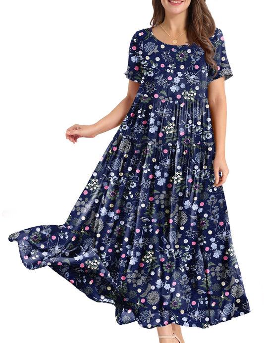 YESNO Women Casual Loose Bohemian Floral Dress with Pockets Short Sleeve Long Maxi Summer Beach Swing Dress S EJF CR424