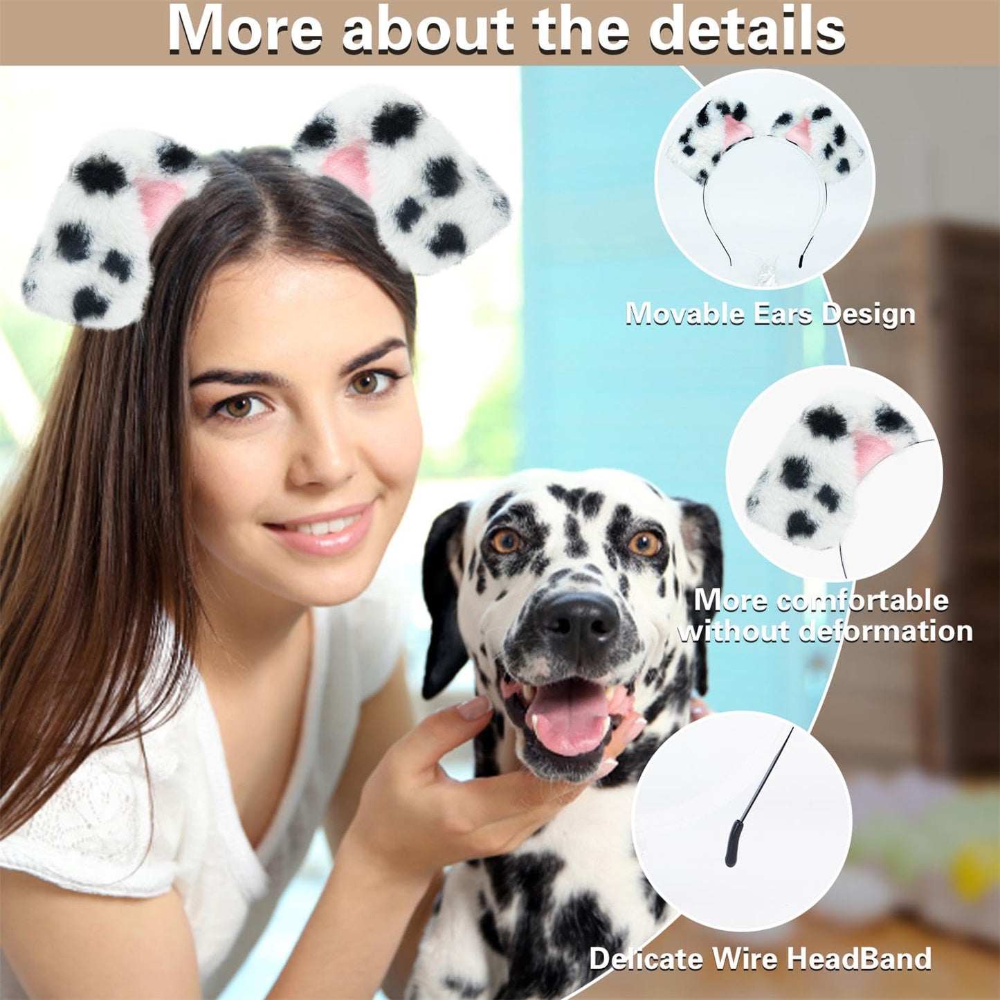 Beviliu Animals Ears Headband Realistic Dalmatian Dog Ears Headband Fluffy Cat Ears Bunny Ears Halloween Christmas Costume for Washing Makeup Cosplay Party