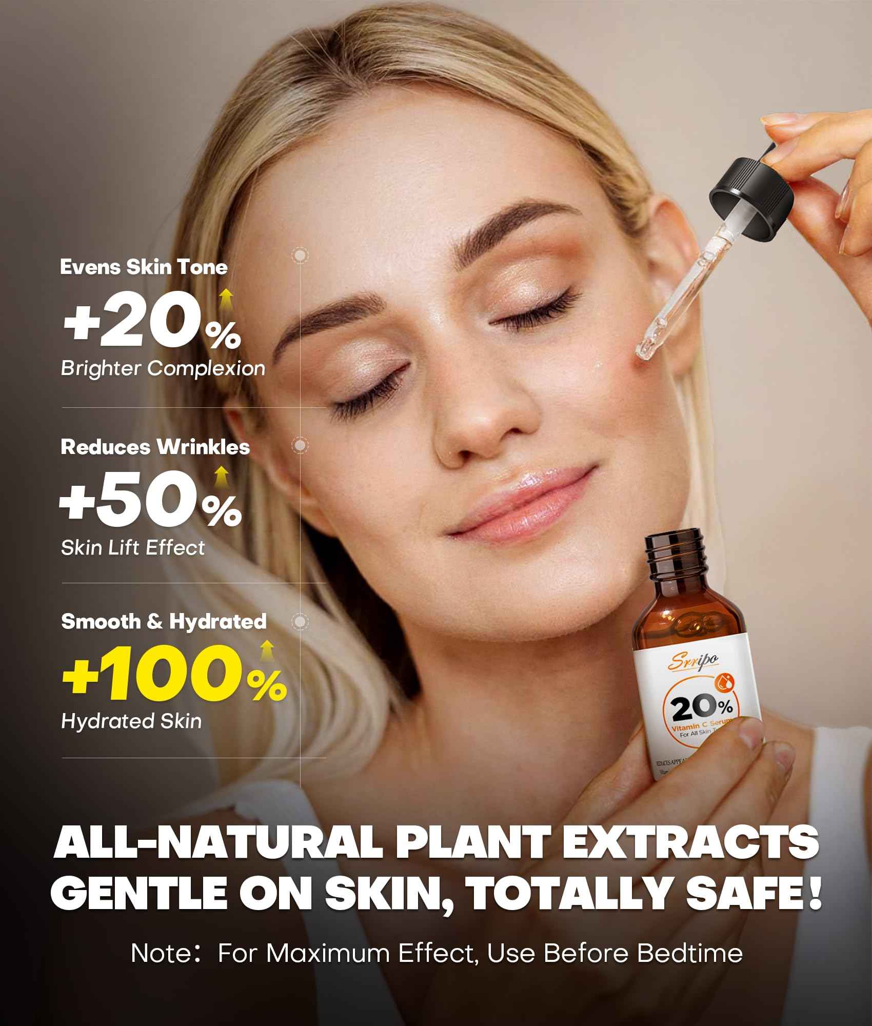 Pure Natural Skin Brightening & Anti Aging 20% Vitamin C Serum, Collagen Peptide Infused Face Serum for Deep Hydration, All-in-One with Niacinamide, Retinol, Hyaluronic Acid, 2.02 Fl Oz