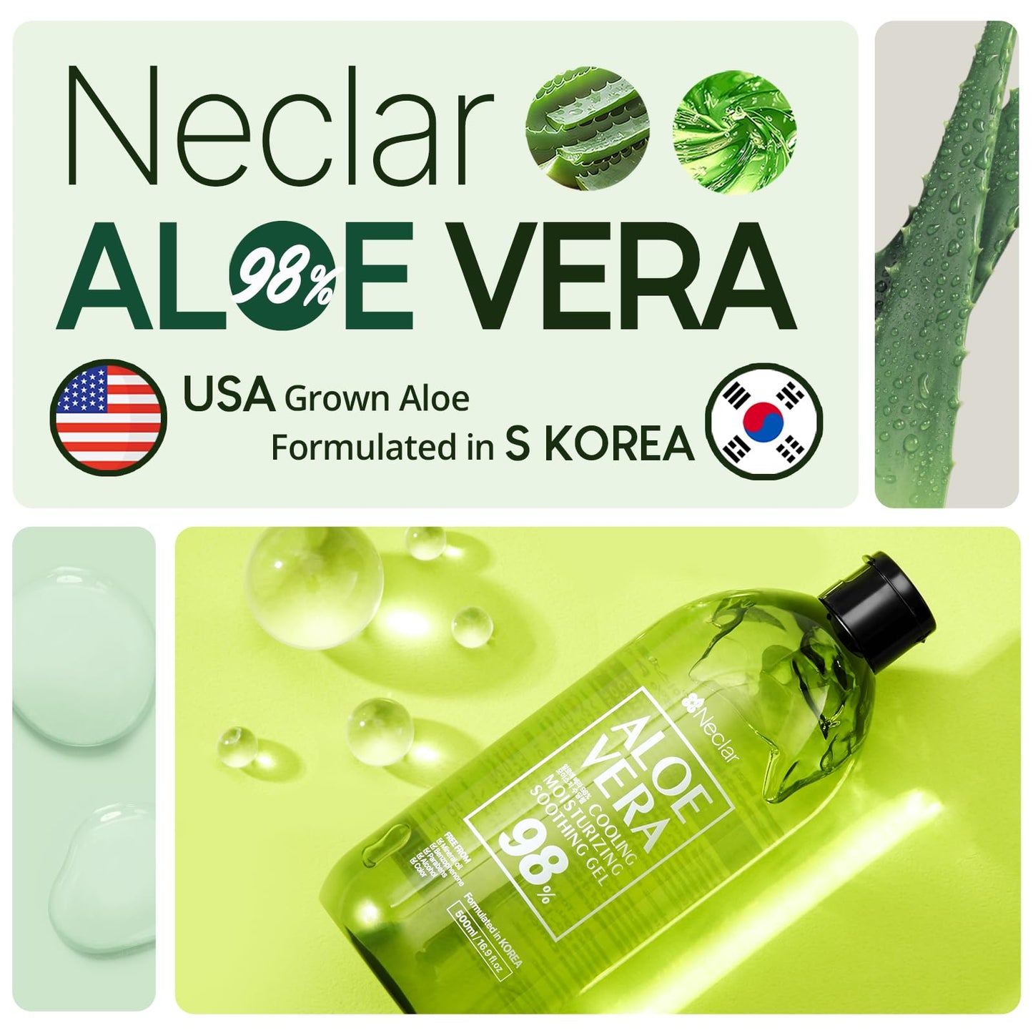 Neclar - 98% Aloe Vera Gel - Aloe Vera Soothing gel - 16.9 Fl oz - Aloe Vera Gel sunburn relief - Pure Aloe Vera Gel for face - Aloevera gel