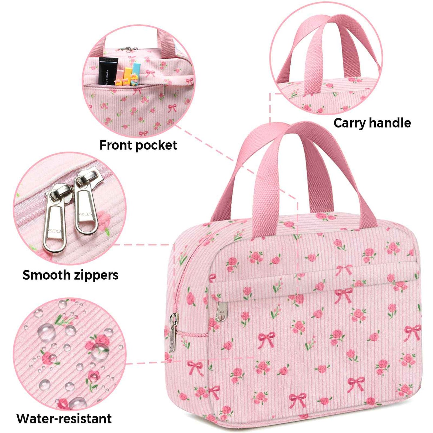 Chicarries Small Makeup Bag for Purse Cute Corduroy Cosmetic Pouch with Zipper Travel Toiletry Bag for Women(Flower bow pink)