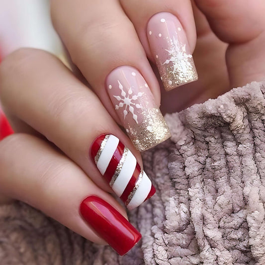 Christmas Press on Nails Medium Snowflake Fake Nails Red and White Stripes Design Winter Xmas False Nails with Glue on Nails Reusable Artificial Nails Stick on Nails for Women DIY Manicure Decoration