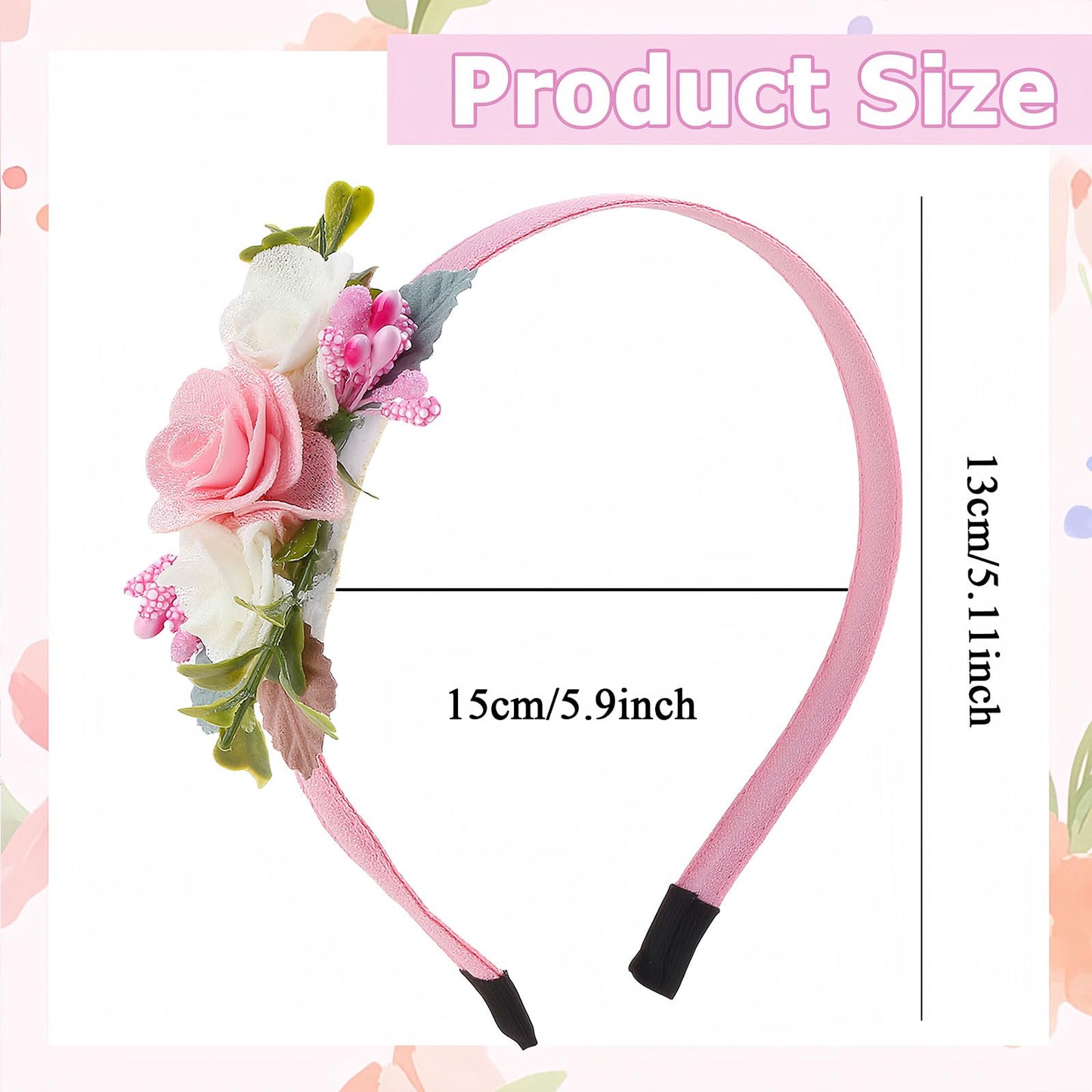 HIFANMM Flower Headband Spring Summer Hair Accessories for Women Girls, Pink White Rose Flowers Hair Bands Green Leaf Decoration Elegant Headdress Party Wedding Supplies Non Slip Head Band 1 Pcs