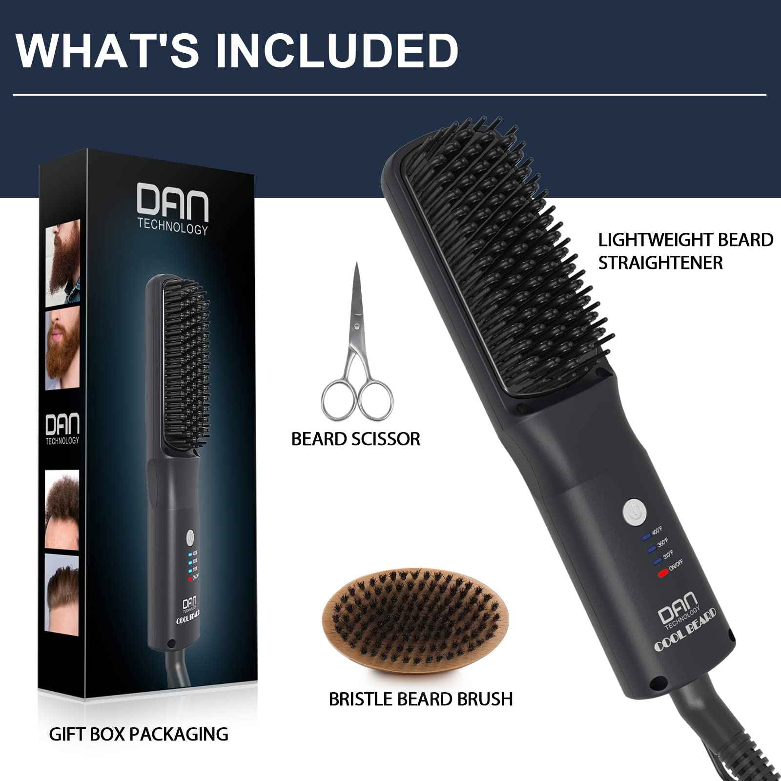 DAN Technology Beard Straightener Kit for Men – Ionic Heated Beard Comb & Wooden Brush, 30s Fast Heating, Tourmaline Ceramic, 3 Heat Settings (310°F–400°F) Dual Voltage, 30 Min Auto Off