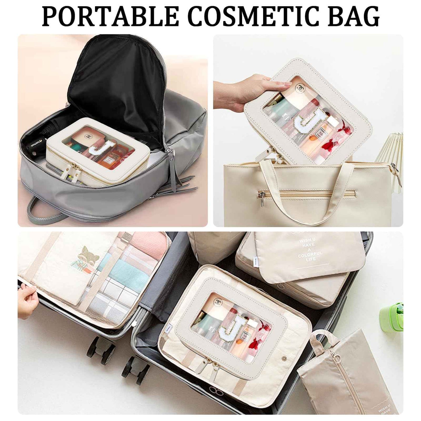 CLOUDWINGS Initial Travel Toiletry Bag - Cosmetic Bags for Girls with Zipper, Clear & Potable Makeup Bag for Travel, Cosmetic Pouch Perfect Gifts for Graduation (Beige, J)