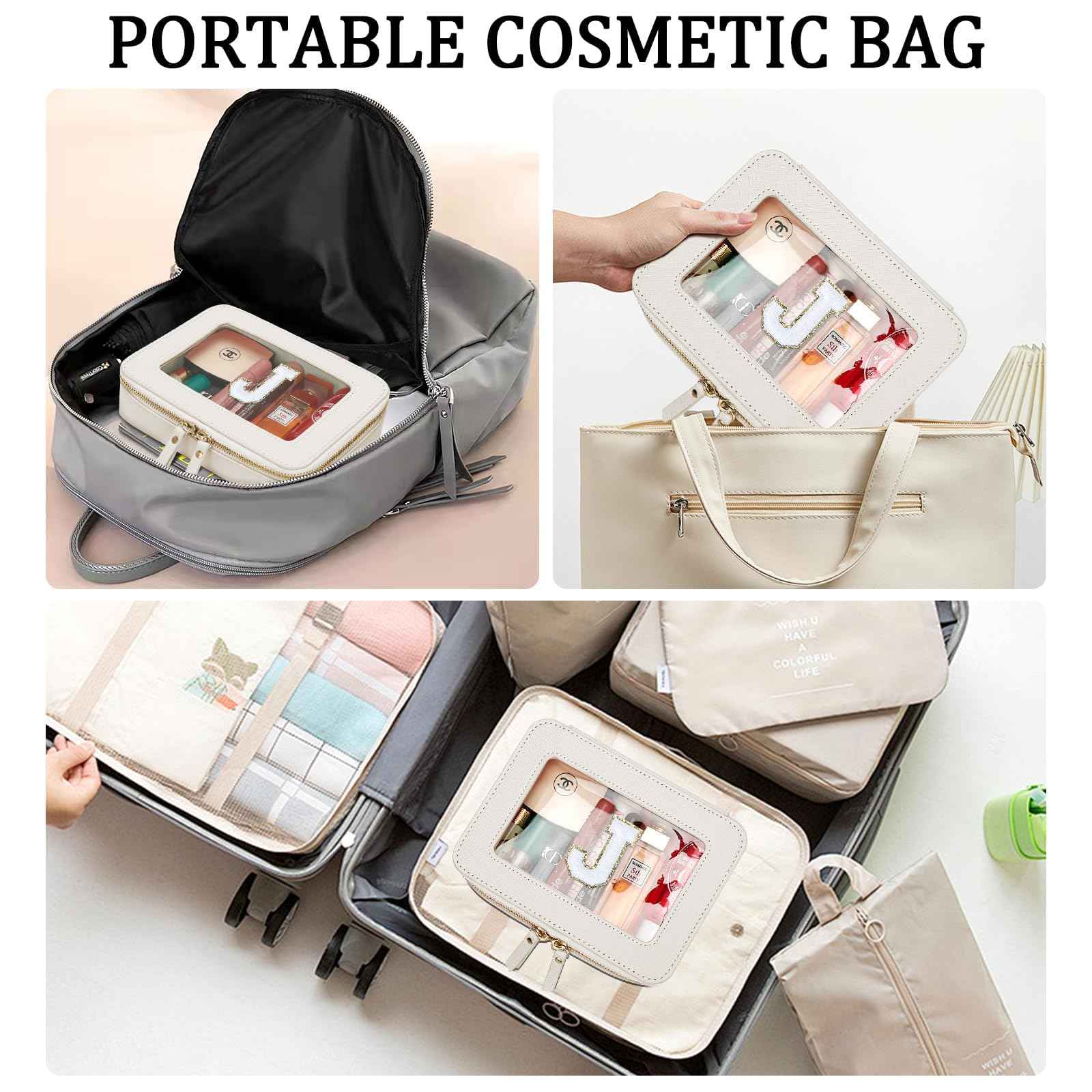 CLOUDWINGS Initial Travel Toiletry Bag - Cosmetic Bags for Girls with Zipper, Clear & Potable Makeup Bag for Travel, Cosmetic Pouch Perfect Gifts for Graduation (Beige, J)
