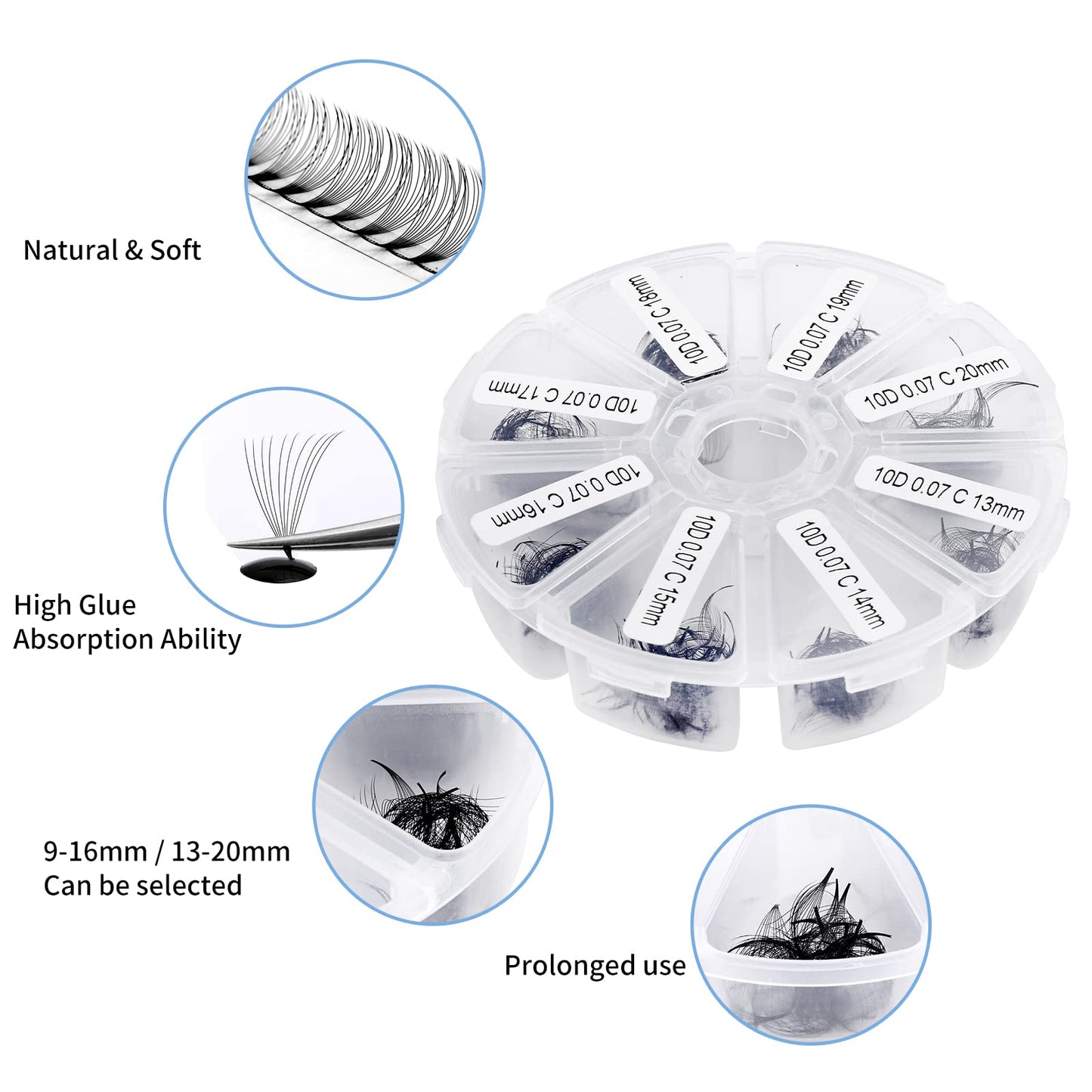 Volume Lash Extensions 10D Premade Fans Eyelash Extensions 500 PCS 0.07mm 13-20mm Mixed C/D Curl Short Stem Premade Volume Eyelash Extensions Pointed Base Fans(500PCS-10D-0.07-C, 13-20mm Mixed Tray)