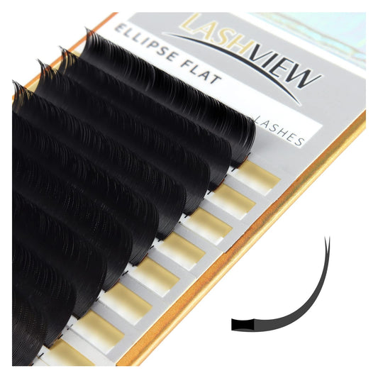 LASHVIEW Eyelash Extensions,Ellipse Flat Eyelash Extensions 0.20mm C Curl 14mm,Mink Black,Individual Lashes,Semi-Permanent Extremely Soft Professional Salon Use