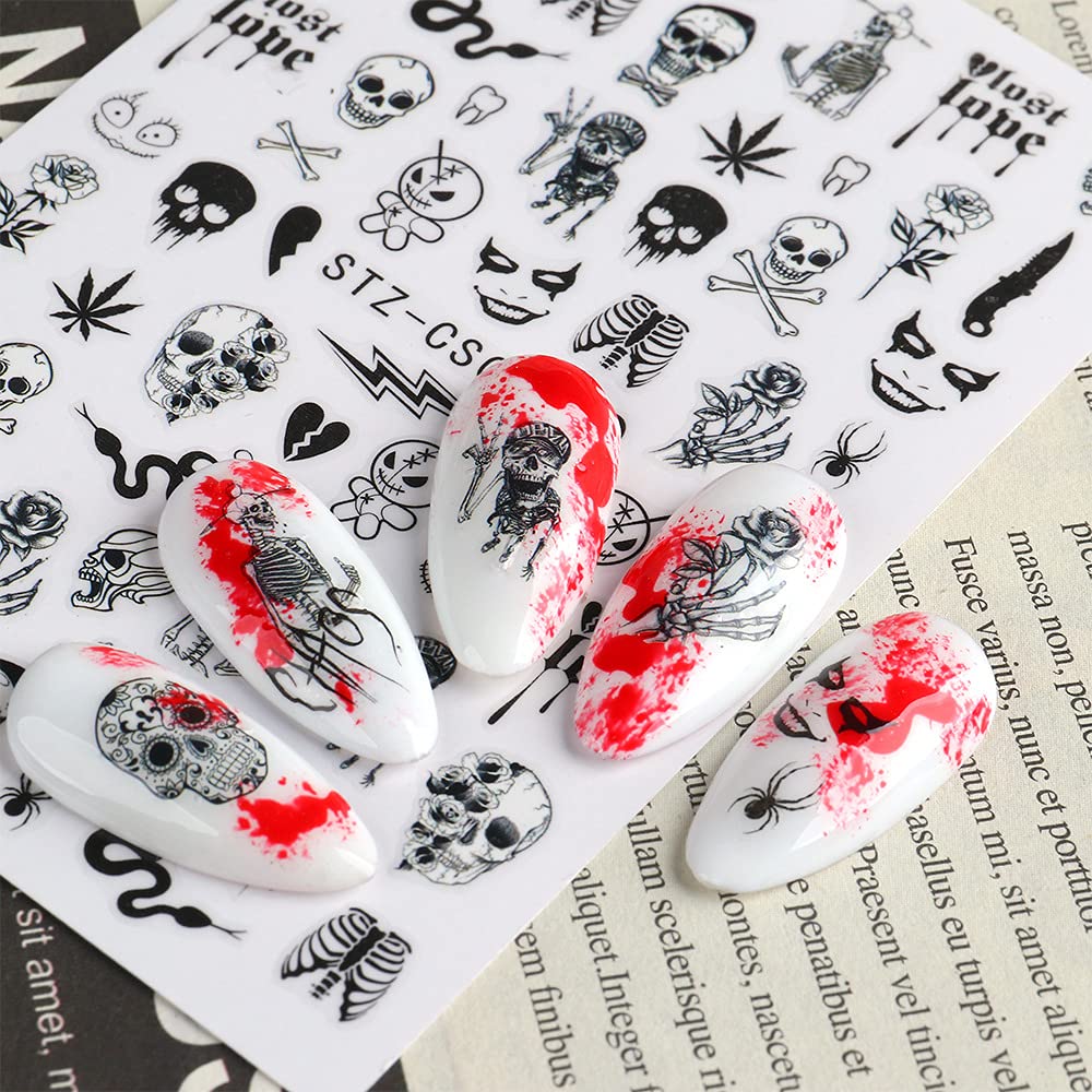 Autumn & Halloween Nail Stickers, 9 Sheets Skull Nail Decals 3D Self-Adhesive Fall Leaves Pumpkin Bat Ghost Spider Web Skeleton Pattern Nail Art Design for Thanksgiving Halloween Party