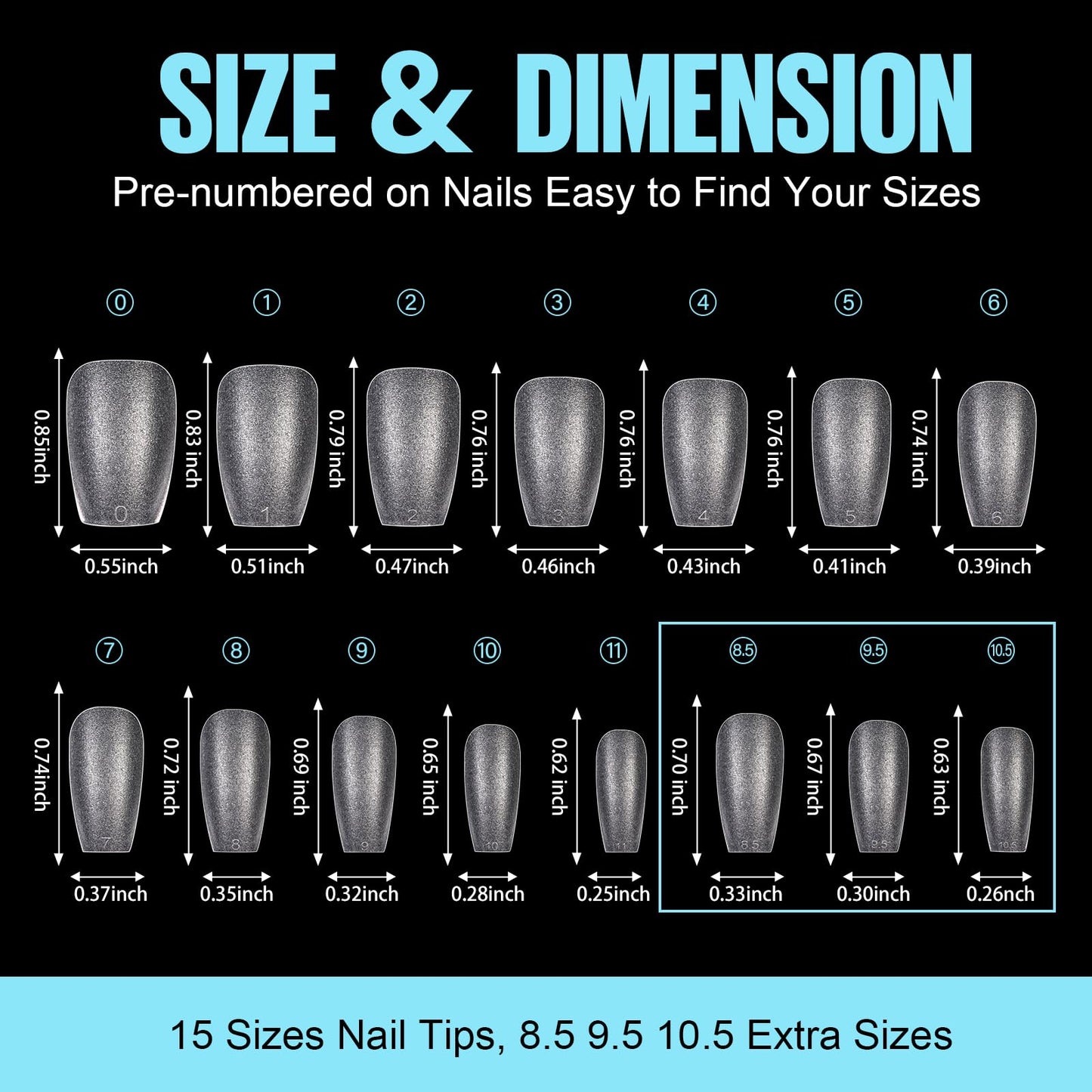 TOMICCA Short Coffin Nail Tips, 360Pcs Press on Nails Gel X Nail Tips Acrylic Fake Nail Tips for Nail Extension, 15 Sizes Full Cover Nails Double-sided Matte False Nails