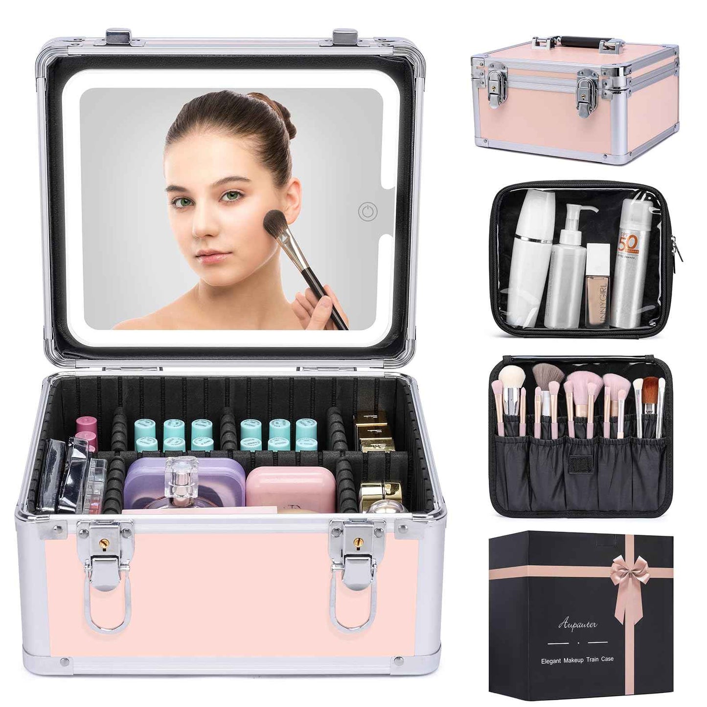 Makeup Box with Led Mirror,Travel Train Hard Case with Rechargeable Lighted Mirror Adjustable Dividers,Cosmetic Organizer Storage Bag for Makeup Artists,Appropriate Gift for Women and Girls,Pink