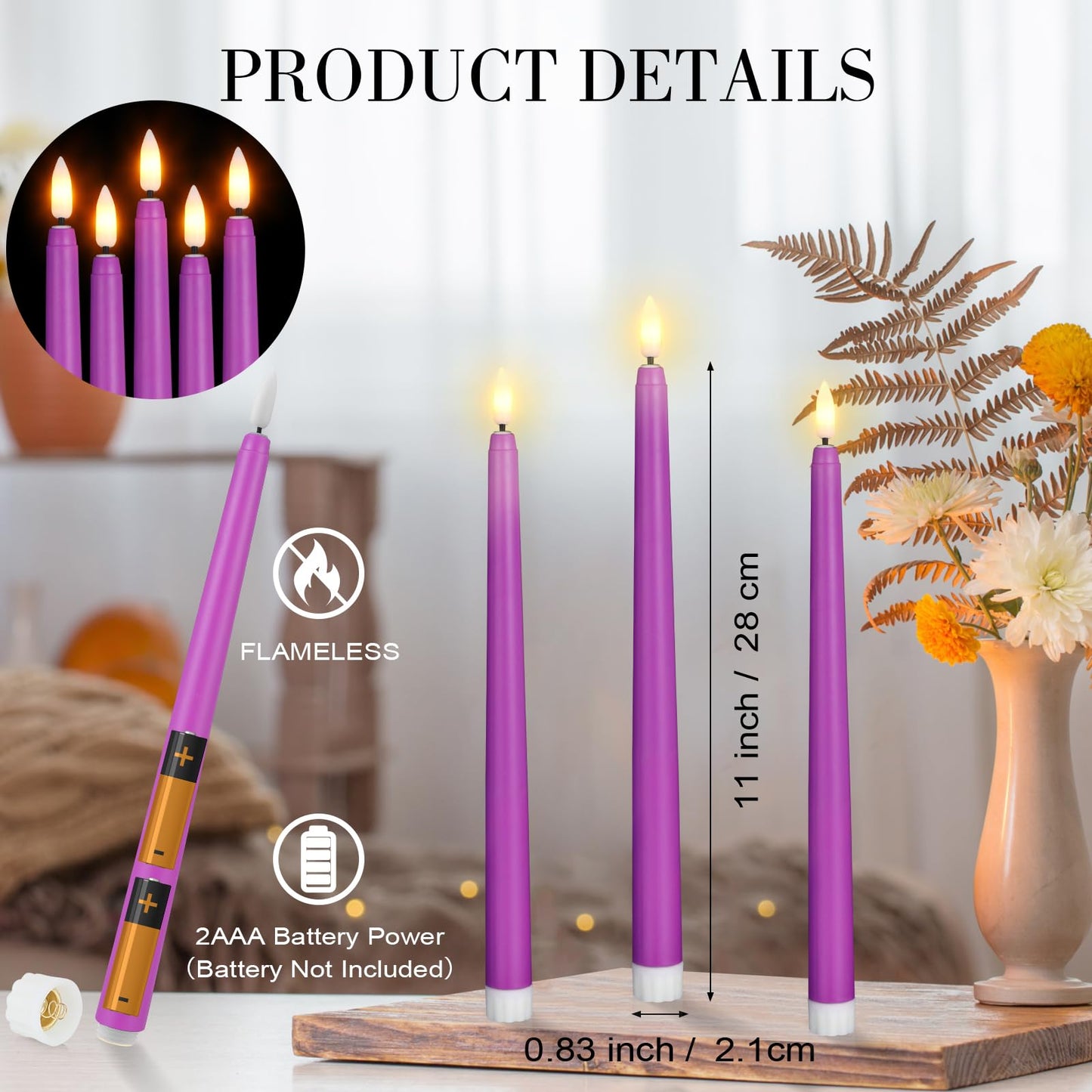 Macarrie 24 Packs Flameless Taper Candles Battery Operated 11 Inch Long Candle Light LED Flameless Candlesticks Fake Candles Flickering Tapered Candles for Wedding, Christmas(Purple)