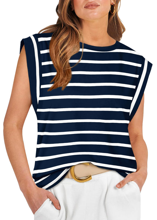 WIHOLL Navy Blue and White Stripe Shirt Basic Tee Soft Sleeveless Tank Tops Trendy Summer Outfits Fashion Clothes 2024 S