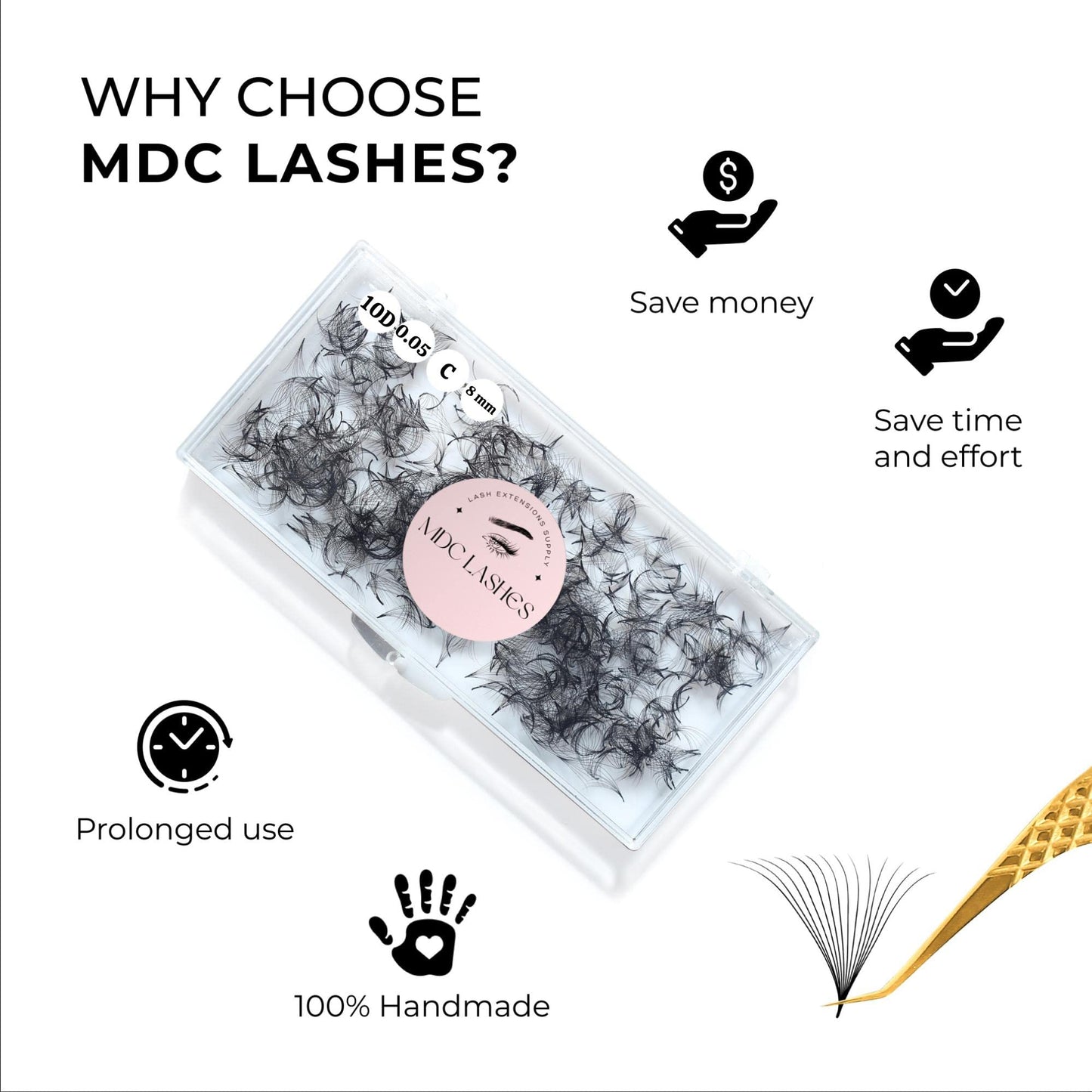 MDC LASHES Promades Eyelash Fan 500fans | 5D-16D, 0.05-0.07 Thickness, C/CC/D Curls, 8-18mm | Volume Lash Extensions Premade Lash Fans Pro Made False Eyelashes Pestanas Pelo A Pelo (9D-0.07-C-12)