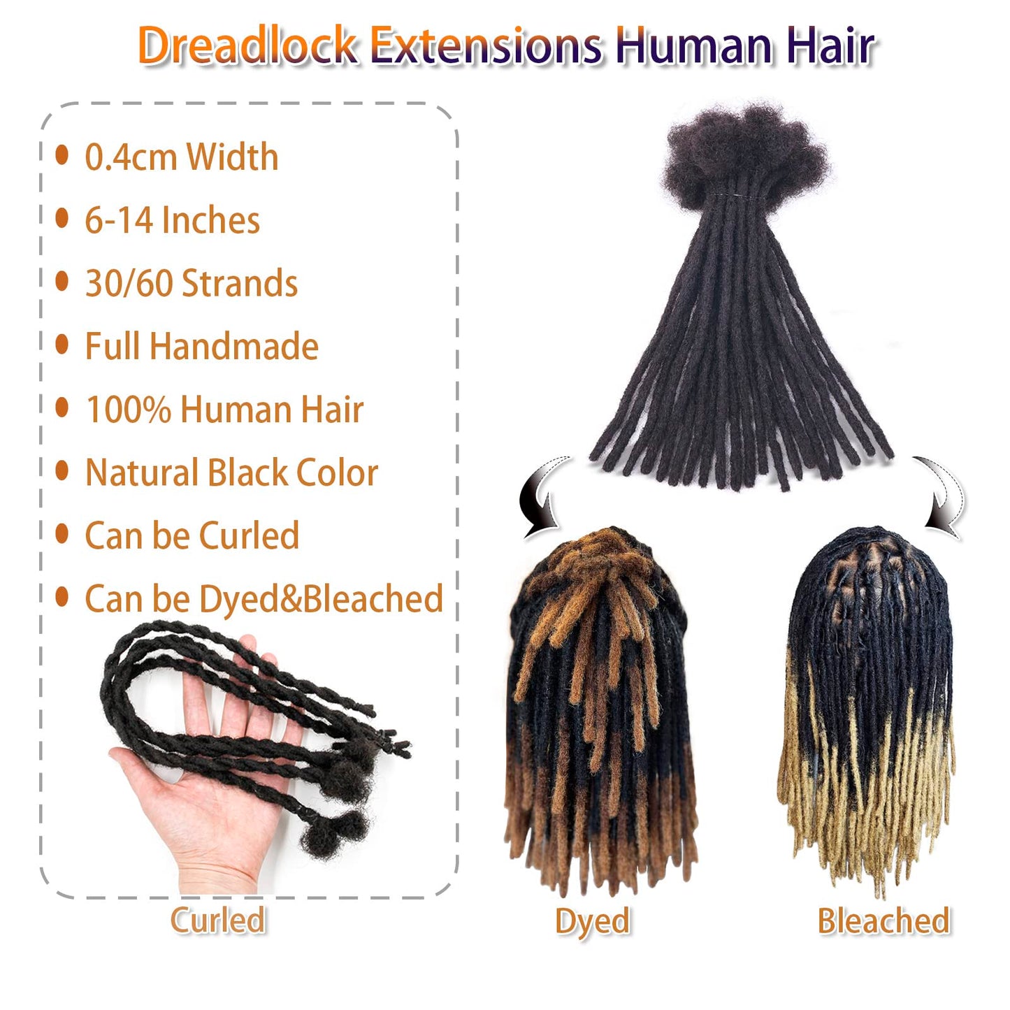 Nuteram Loc Extensions Human Hair 0.4cm Width 12 Inch 30 Strands Handmade Dreadlock Extensions for Women/Men,Natural Black Dreads Extensions Can be Dyed Bleached Curled Including Needles and Comb