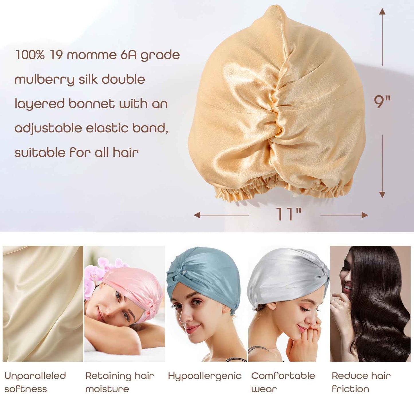 SereLune 100% Mulberry Silk Sleep Bonnet, Double Layer Silk Turban, Shower Cap, 8 Colors (Silver Bonnet With Adjustable Strap)
