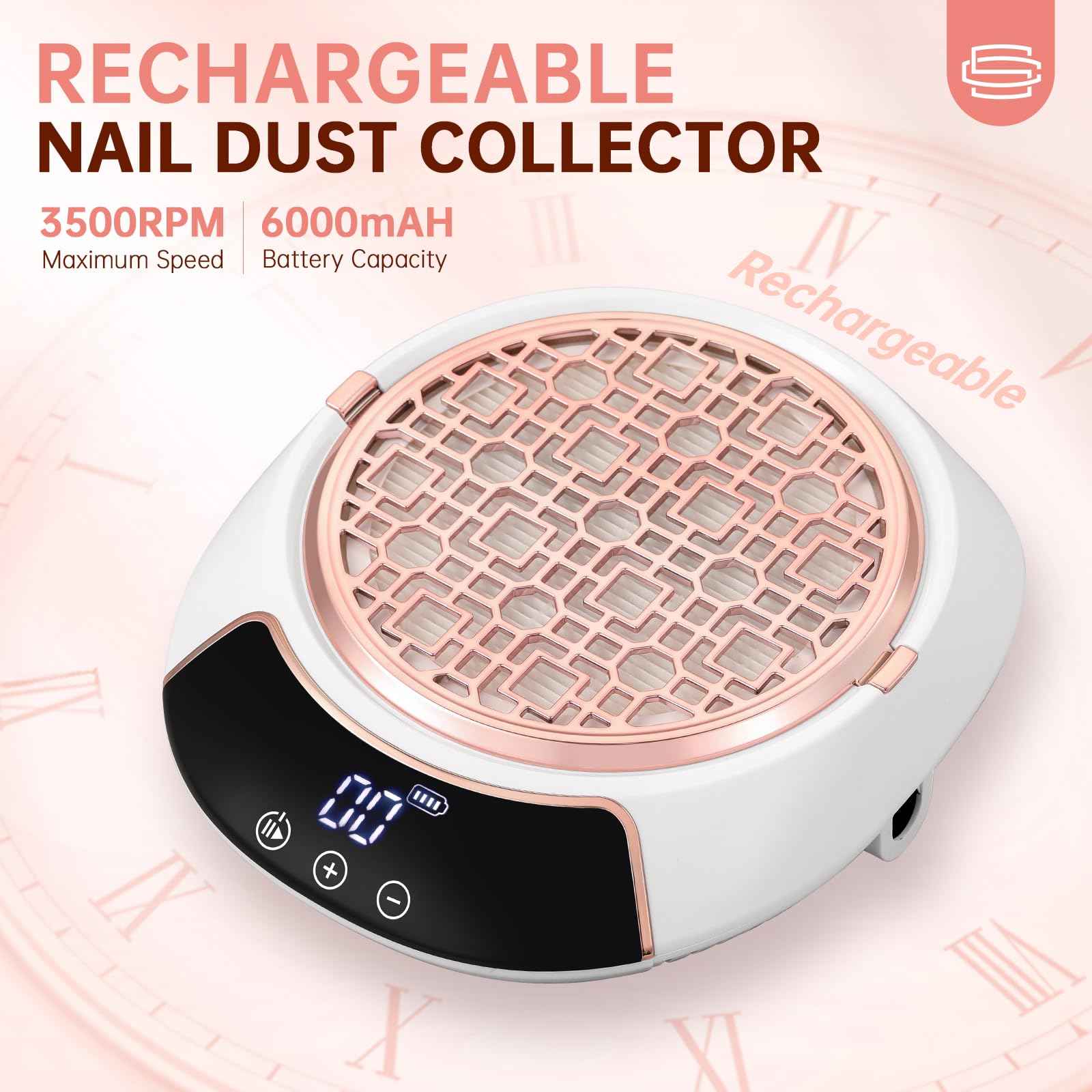 CHRISTINE SHELLY 3500RPM Cordless Nail Dust Collector,Portable Dust Collector Nail Tech with LED Display,Rechargeable Dust Suction Machine with Reusable Fillter for Acrylic Gel Polish,Salon & Home