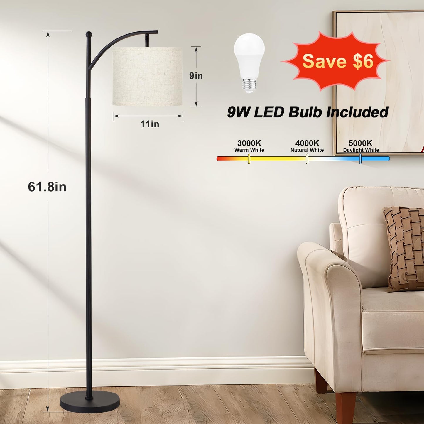 Ambimall Floor Lamp for Living Room with 3 Color Temperatures LED Bulb, Beige Lampshade & Foot Switch Included, Easy to Install, 9W Bulb Included