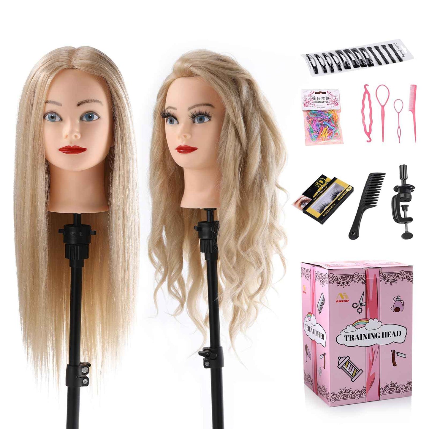 Mannequin Head Human Hair, 24”Mannequin Head with 70% Real Hair Mannequin Cosmetology Manikin Practice Doll Head for hair styling Braiding Hairdressing Head with Table Clamp + DIY Hair Styling Set