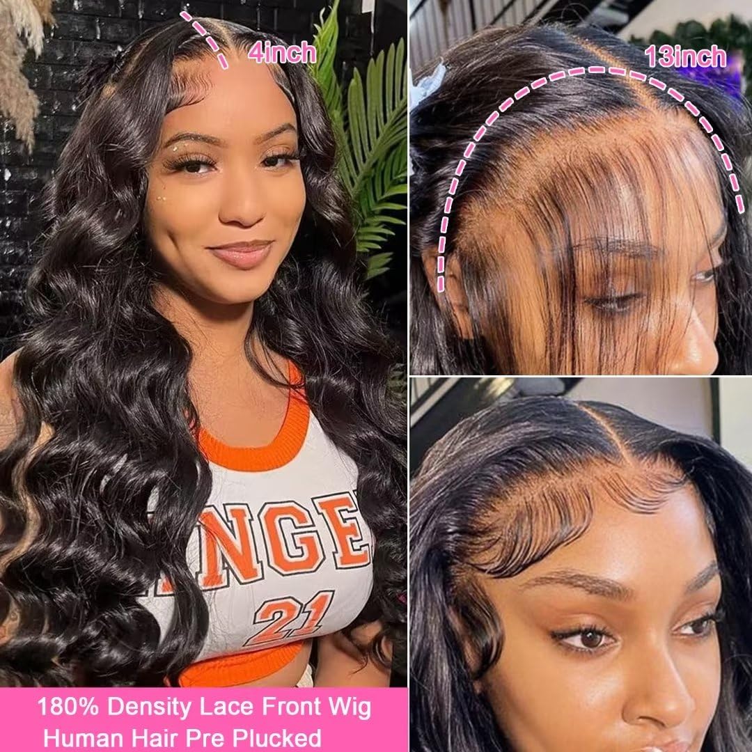 NAJOAI 26 Inch Body Wave Lace Front Wigs Human Hair Pre Plucked 180% Density HD 13x4 Frontal Wigs Glueless Wigs Human Hair Lace Front Wig for Black Women with Baby Hair Natural Black