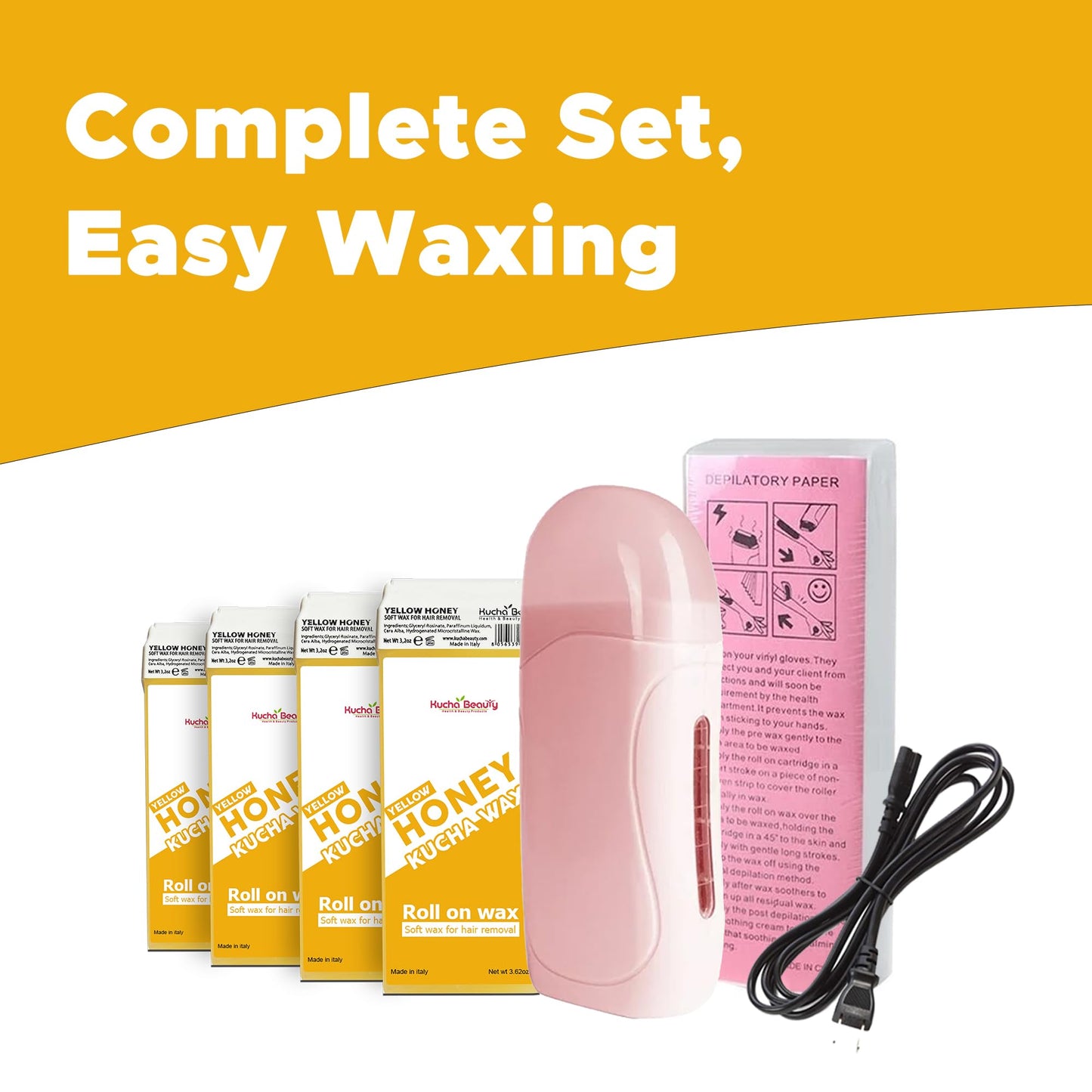 Kucha Beauty Honey Waxing Kit with Heater, 2 Cartridges, Strips, and Zipper Bag - Salon-Quality Hair Removal at Home