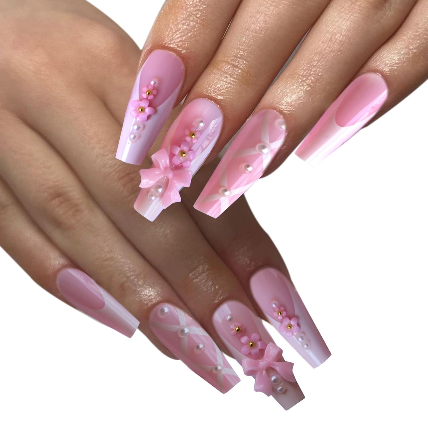 Pink Press on Nails Kit Floral Pearl French Tip Nails Press Ons Medium Long Charms Gems Fake Nails Artificial Coffin Gel Like Glossy 3D Flower Bowknot Net False Nail Manicure for Women and Girls-24pcs