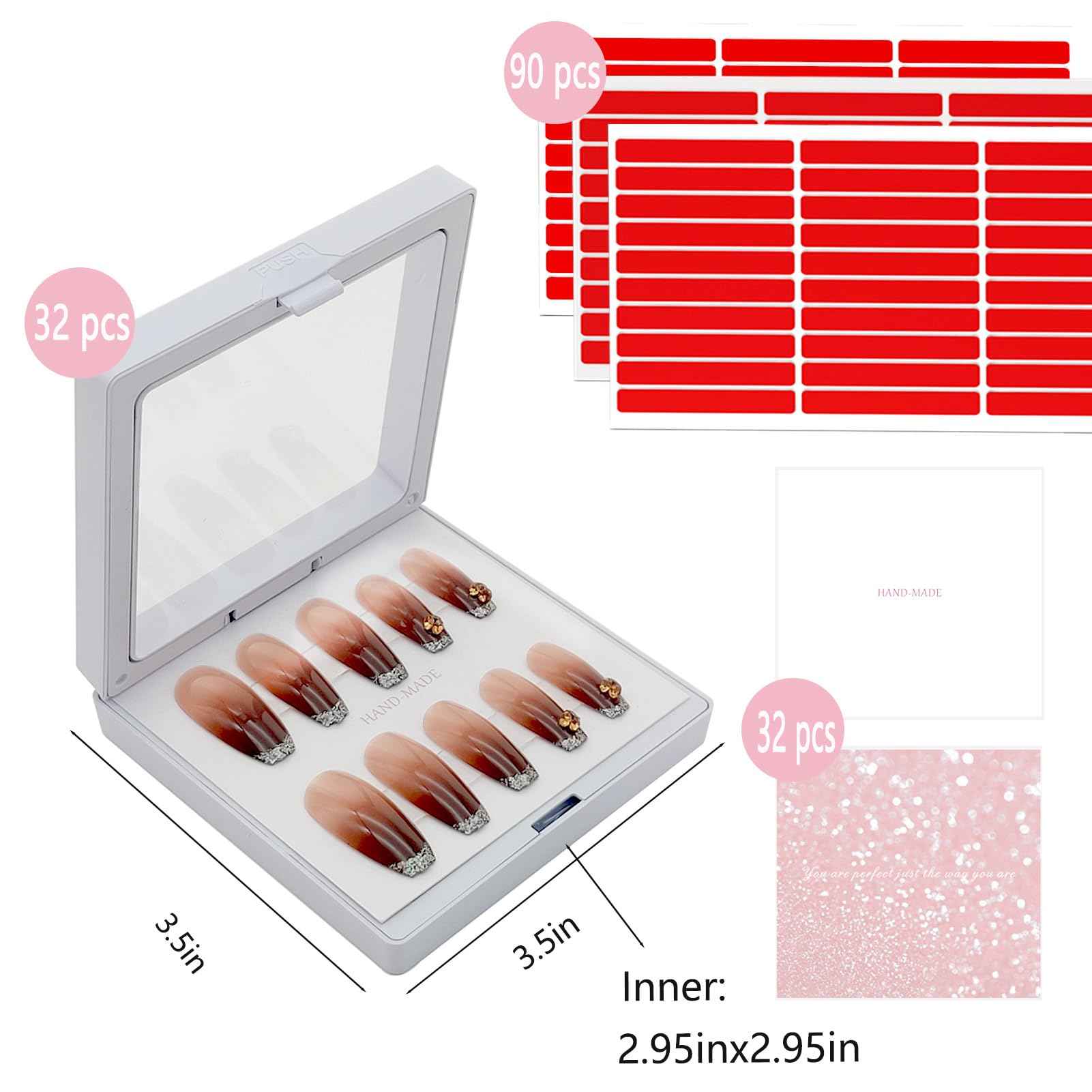GUXACU 32 Pack Press On Nail Packaging Boxes - 3D Floating Storage and Display Box With 90pcs Double Sided Adhesive Tape for Nail Tech