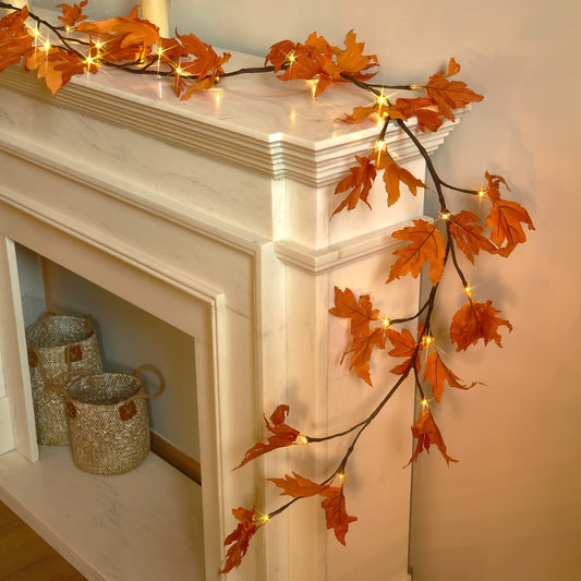 Fudios Lighted Maple Leaf Garland with Timer 24 Warm White LED 6FT for Fall Thanksgiving Decor, Artificial Garland with Lights Battery Operated Harvest Christmas Decoration Indoor Outdoor