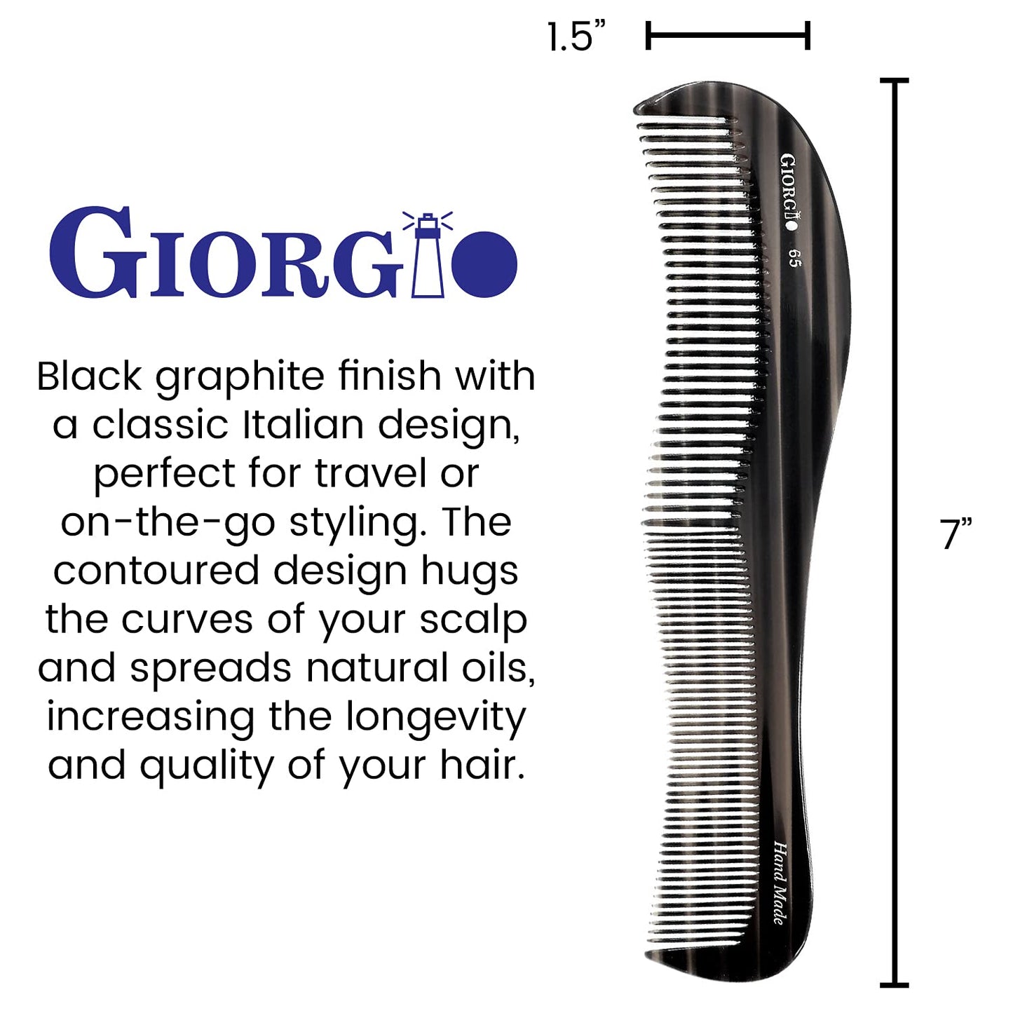 Giorgio G65 Classic Dresser Contour Comb, Double Tooth Coarse/Fine Hair Styling Grooming Comb for Men, Women and Kids. Black Barber Comb Saw Cut, Handmade and Hand Polished for Everyday Hair Care