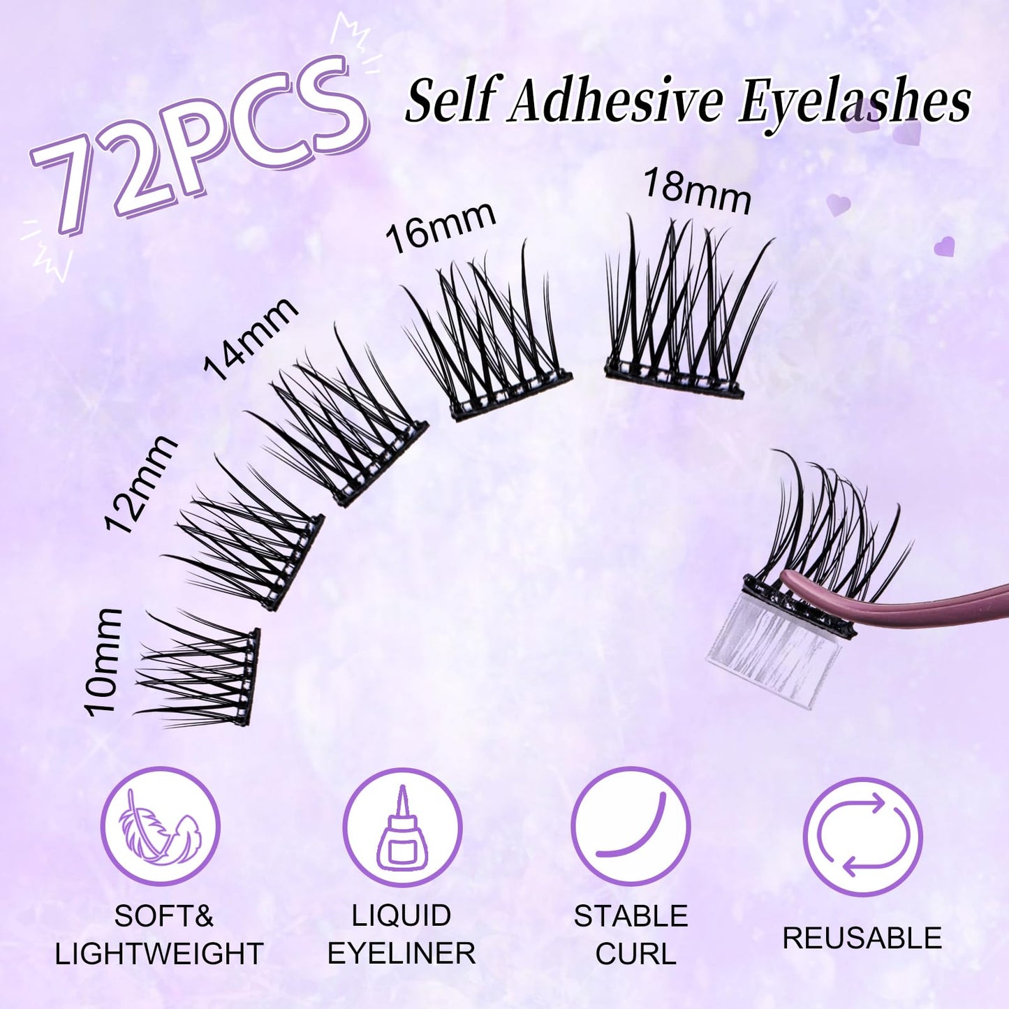 Self Adhesive Eyelashes Lash Clusters Press On Eyelash Clusters Kit Lash Extension Kit Pre-Glued Cluster Lashes DIY Eyelash Extensions No Glue No Remover Lashes Self Application(Hybrid,D10-18mm Mixed)