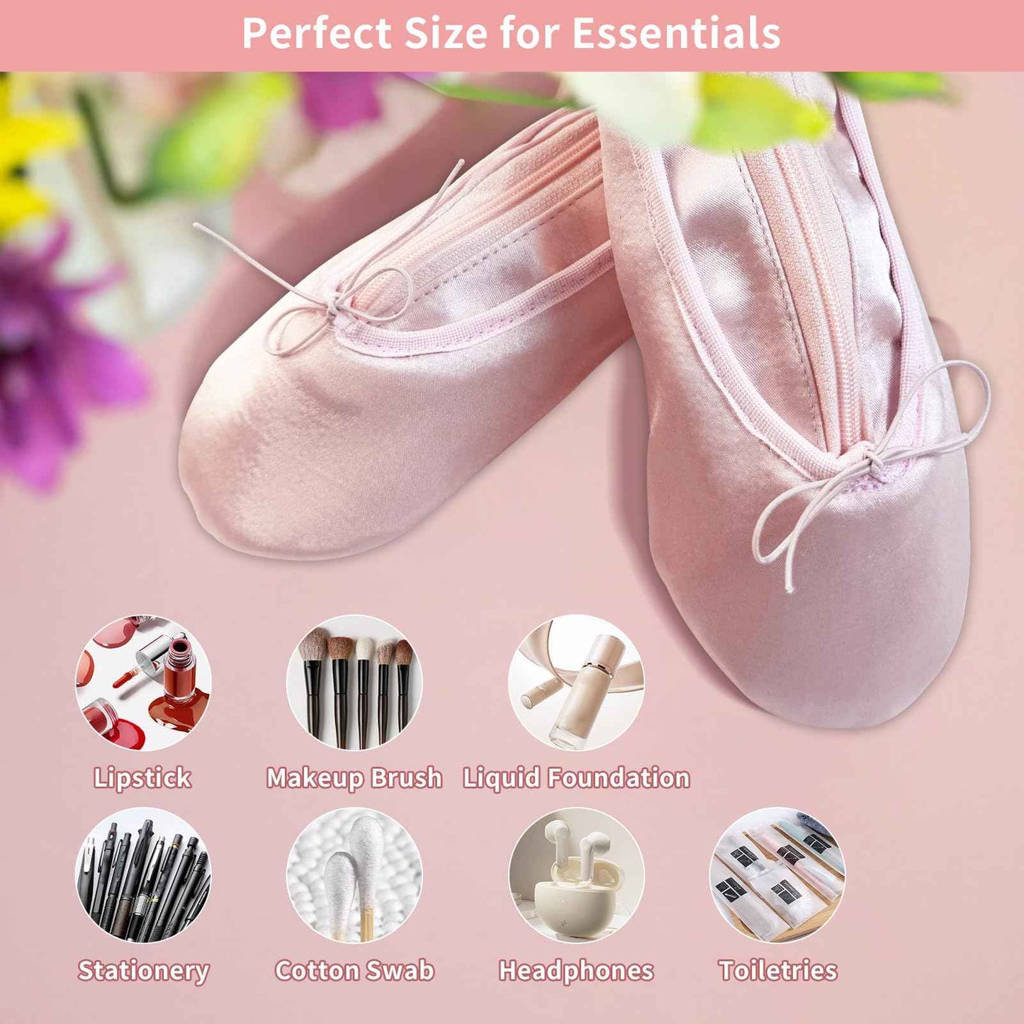 PWQEIONC Ballet Shoe Makeup Bag, Small Cosmetic Bag for Trip Portable Cosmetic Travel Bag, Ballet Dance Shoe Makeup Bag Gifts for Women Girl Dancer Lover (Pale Pink)