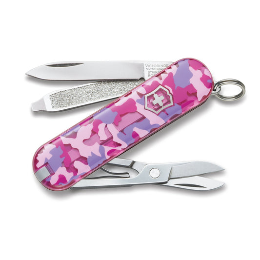 Victorinox Classic SD Swiss Army Knife, Compact, 7 Functions, Swiss Made Pocket Knife with Small Blade, Screwdriver and Key Ring - Pink Camouflage