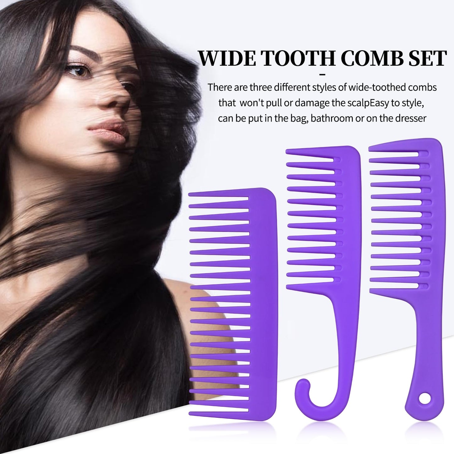 UREELIN 3PCS Wide Tooth Comb and Large Detangler Comb, Shower Comb with Hook,Hair Comb for Textured 3a to 4c Curly/Wet/Dry/Long/Thick Hair（Purple)