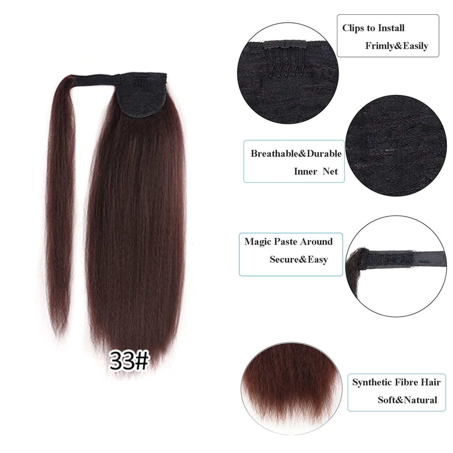 Afro Kinky Straight Ponytail Wrap Around Yaki Straight Pony Tails Extensions Clip in Ponytail Extension Magic Paste Ponytail for Black Women Girls (Black) (Auburn Brown)