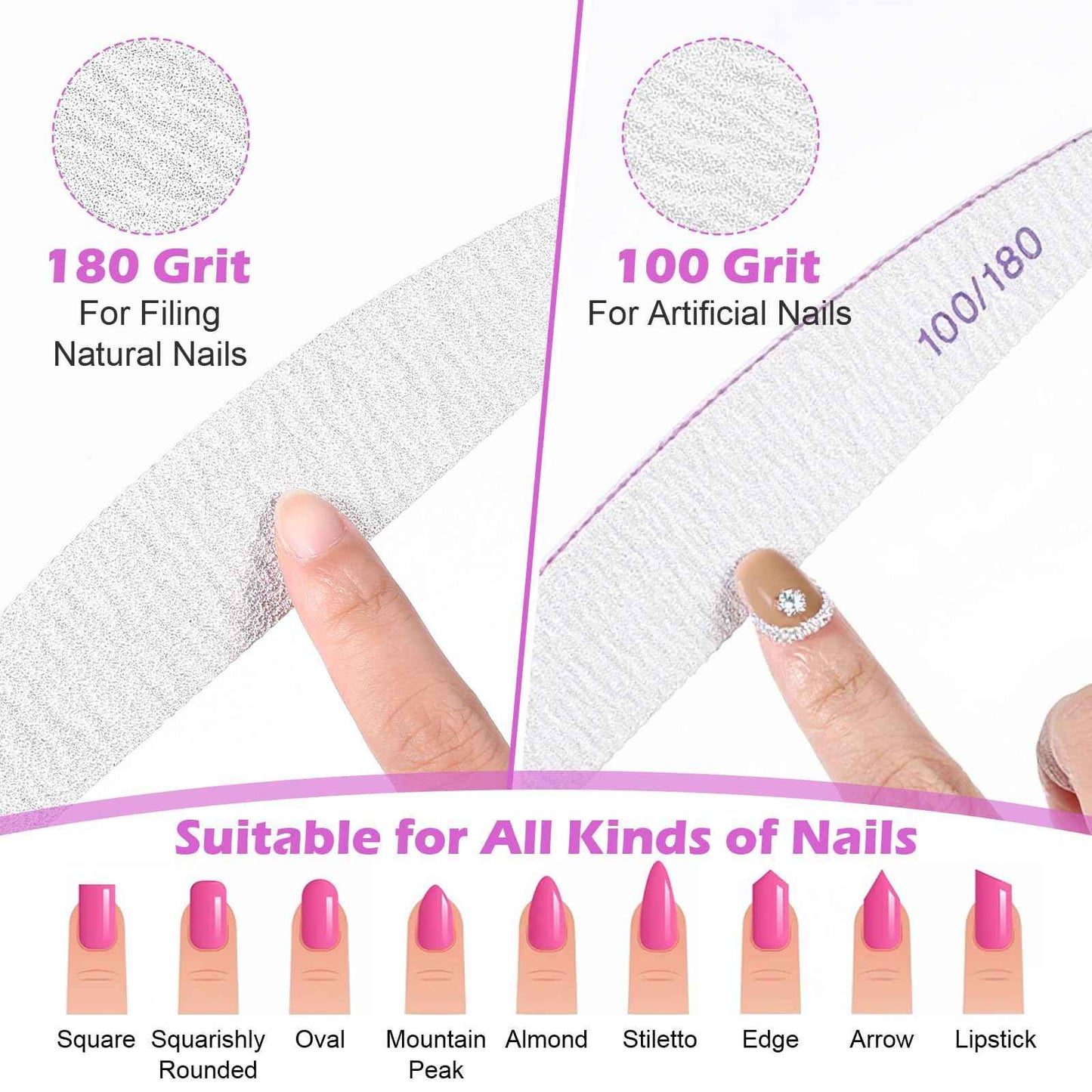 150 Pcs 100/180 Grit Nail Files Bulk, Professional Nail Files 100/180 Grit, Double Sided Emery Boards Reusable Manicure Tools for Acrylic Natural Nails, Home or Salon Use