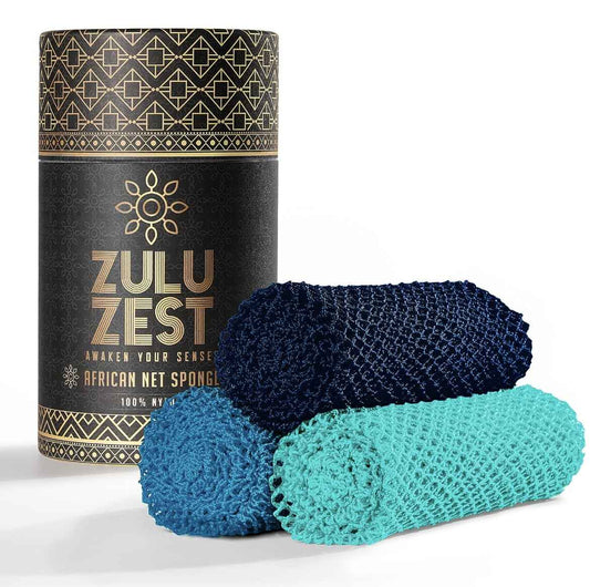African Net Sponge Authentic 3 Pack, Body Scrubber Exfoliating Bath Sponge for Face and Body, Quick Drying Mesh Body Scrub for All Skin Types, Durable and Travel Friendly (Dark Blue, Blue, Turquoise)
