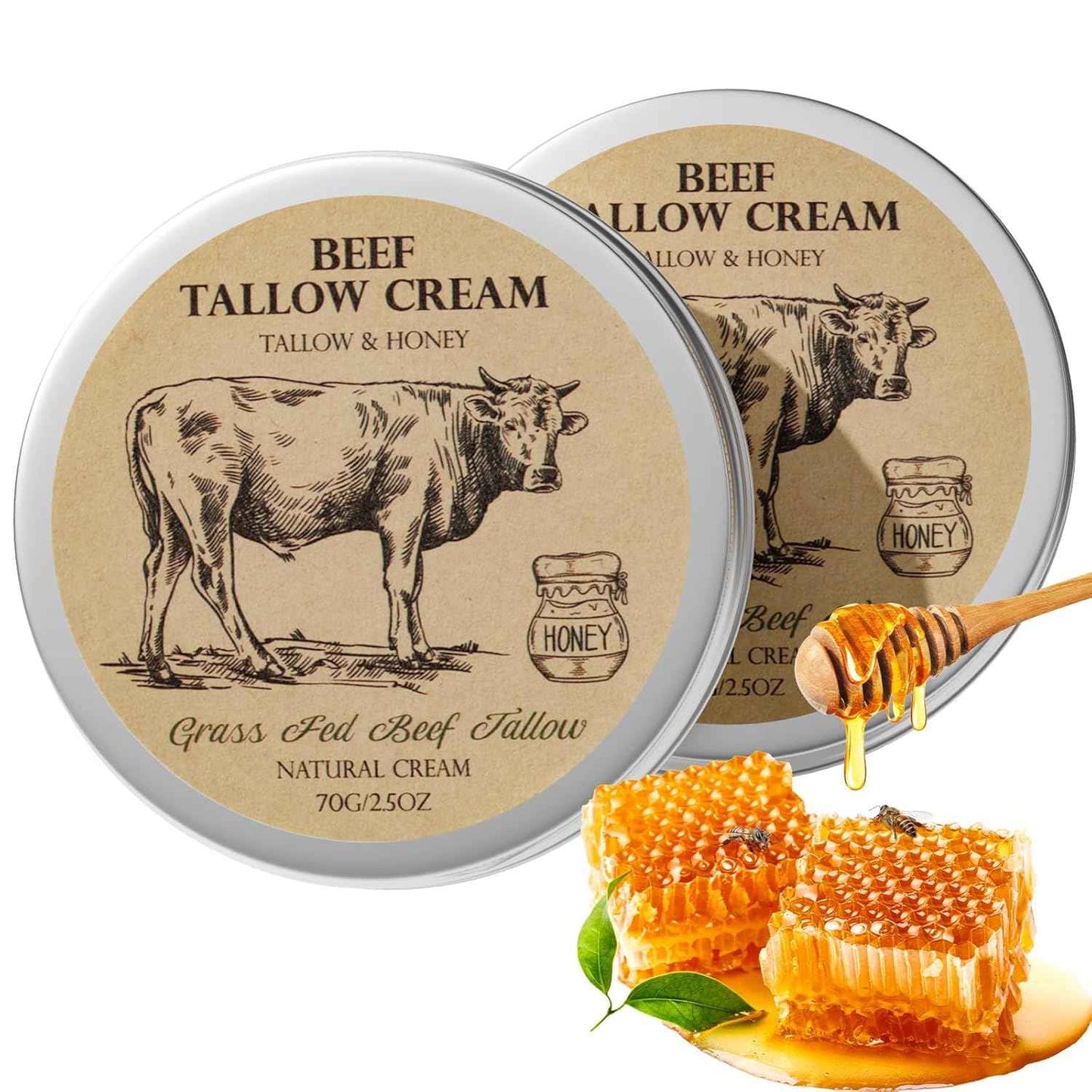 Beef Tallow for Skin, Tallow and Honey Cream,Tallow Face Moisturizer, Natural Grass-Fed Beef Tallow Balm with Raw Honey Moisturizing Cream for Body Lotion Skin Care 2 Packs